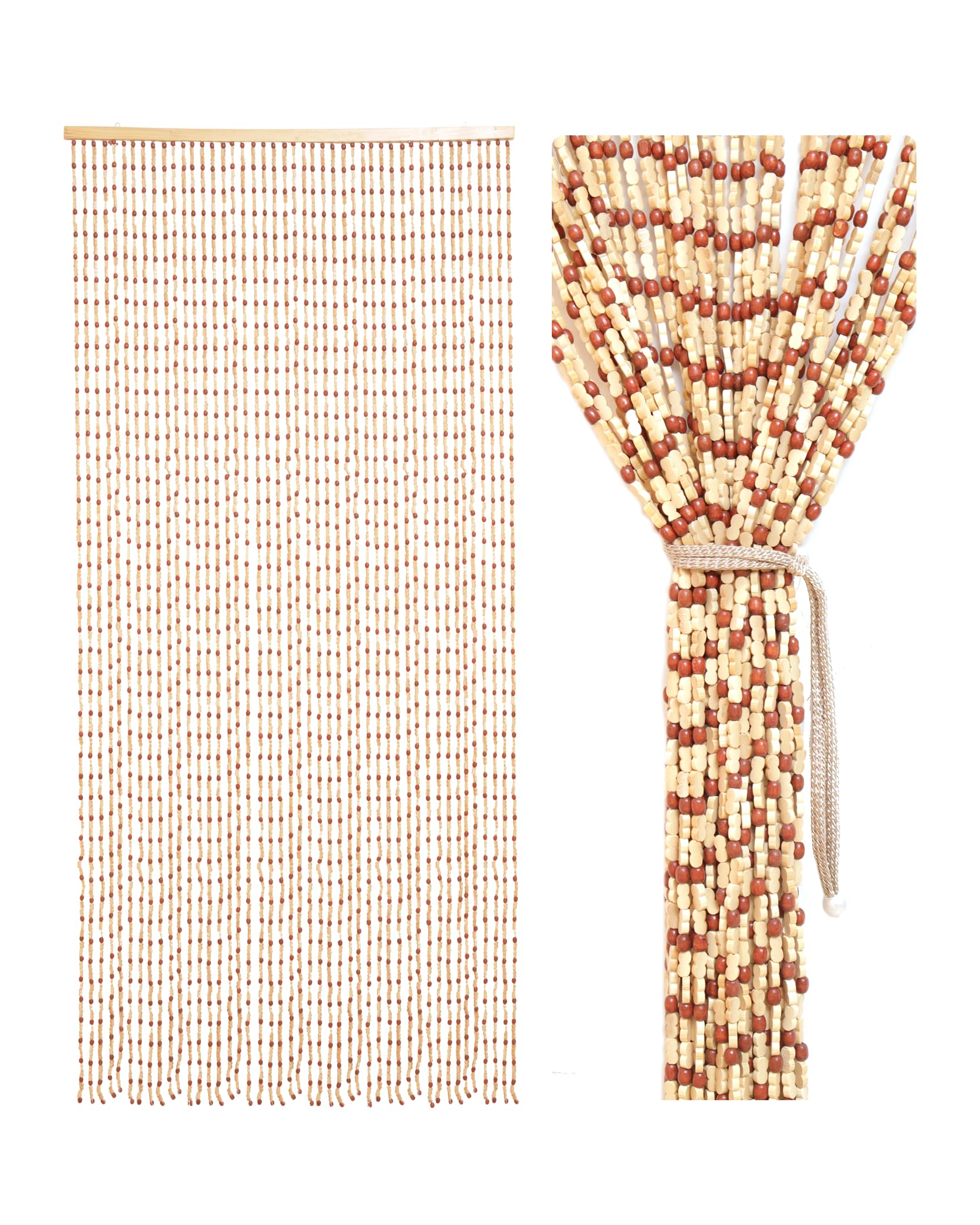 45 Strands Beaded Curtain Bamboo Curtains for Doorways Handmade Beaded Curtain Bamboo and Wooden Room Devider Hanging Boho Beaded Curtain 35.4" x 79", Light Colour
