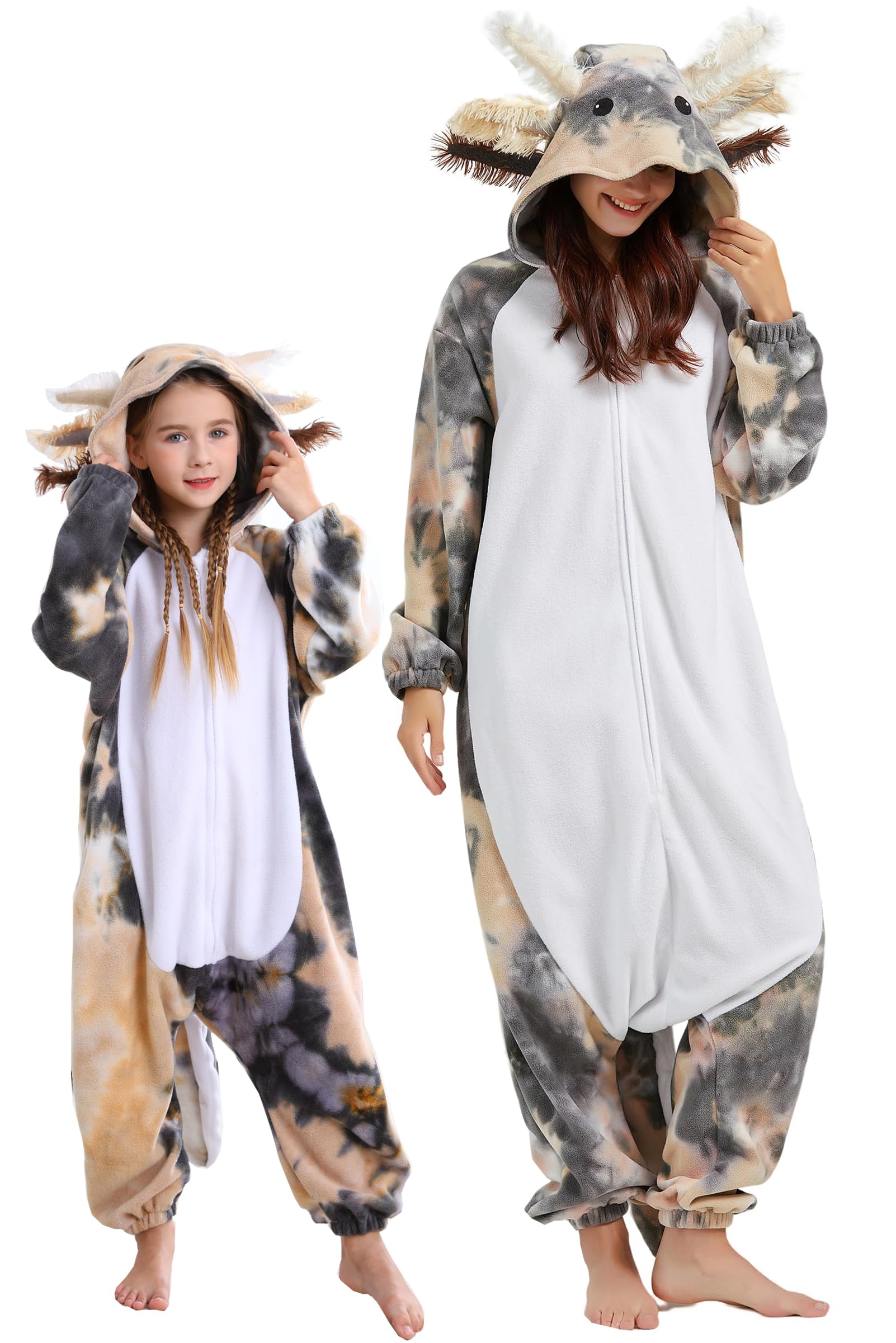 DarkCom Animal Onesie for Kids,Flannel Cosplay Dyeing Axolotl-White Halloween Costume Parent-Child Sleepwear for Girls Boys 4-5 T
