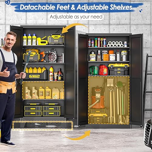 Miniatura 65 de Armario de almacenamiento de metal de 71 pulgadas de alto con 2 puertas y 4 estantes ajustables, armario de despensa de cocina, armario Blanco