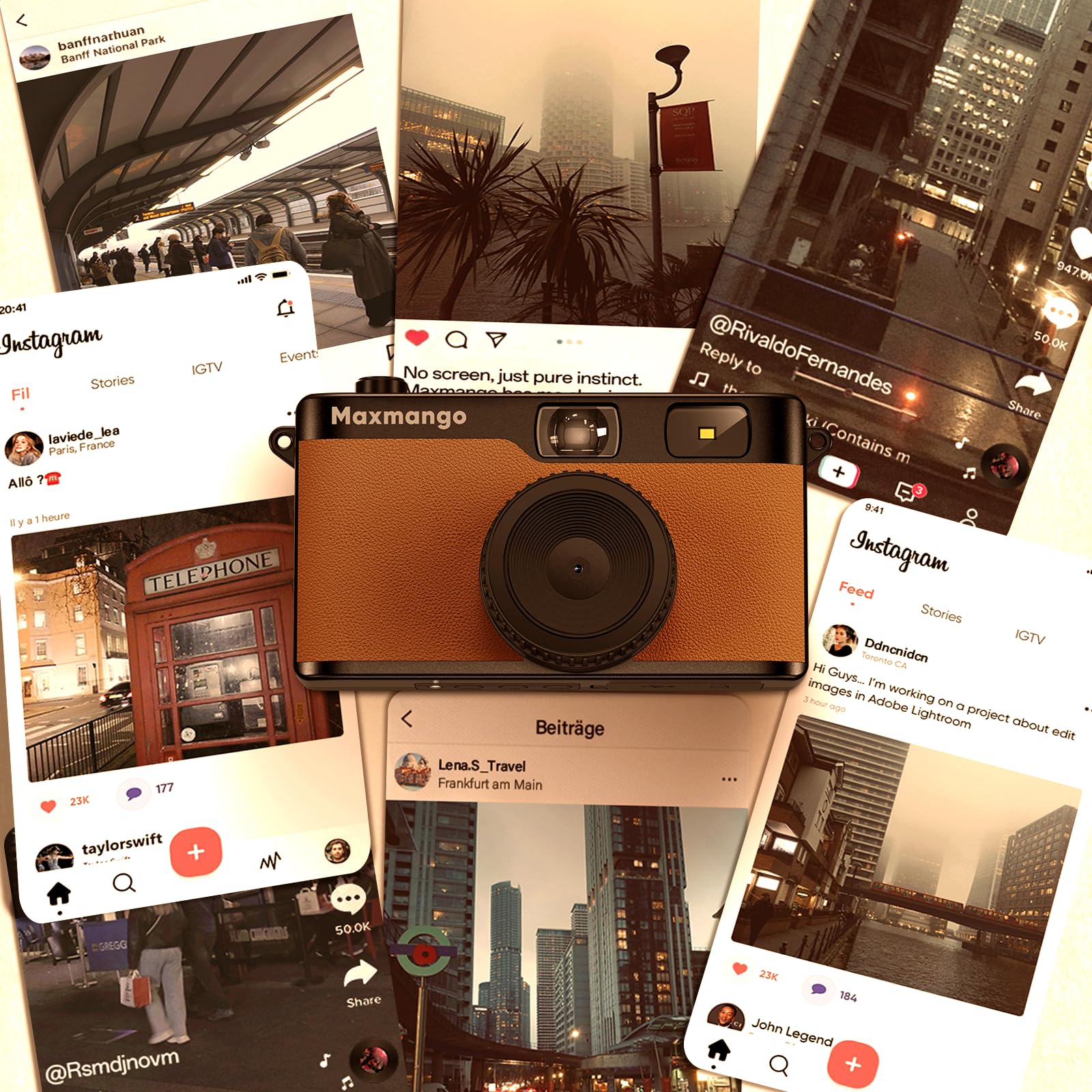 Maxmango D53 Fotocamera Digitale Compatta Senza Schermo, Fotocamera Vintage Retro 12 MP Catturare Momenti Reali, Filtri DIY Scaricabili, USB-C, Scheda SD da 8 GB Inclusa, Fino a 4000 Foto (Marrone)