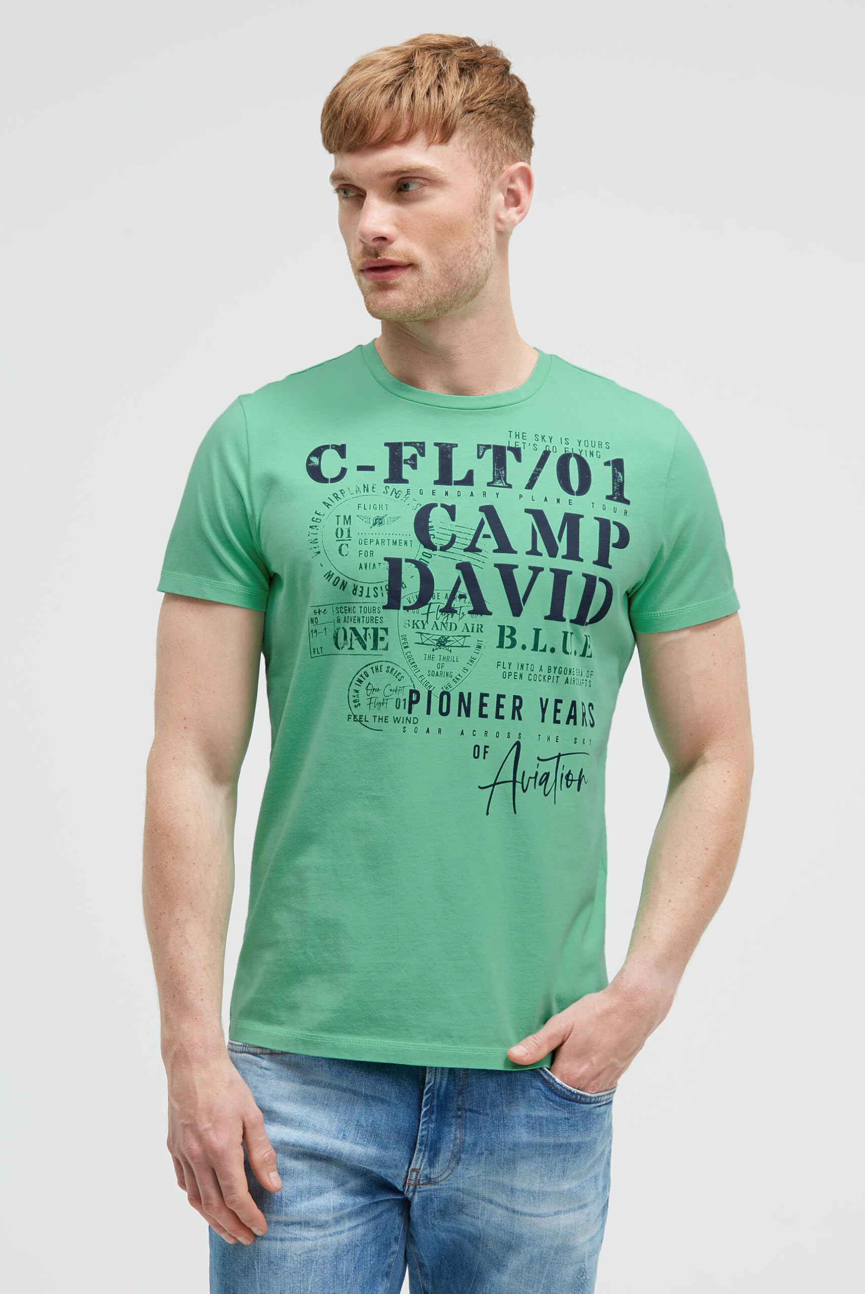 Camp David Camiseta para hombre de cuello redondo con estampado puffprint