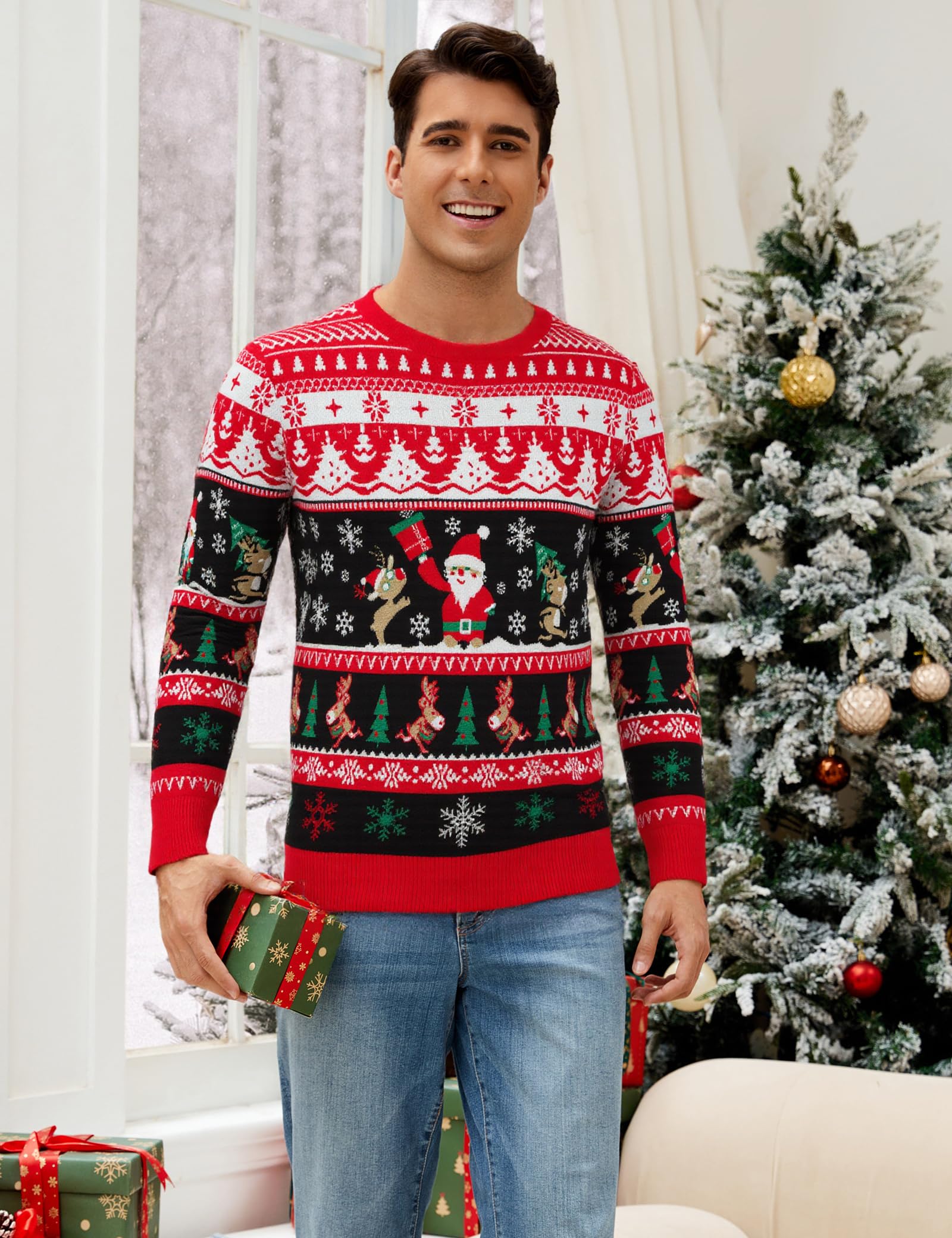 Pull de Noël pour homme - Pull de Noël amusant - Col rond - Pull en tricot avec flocon de neige - Pour fête de Noël