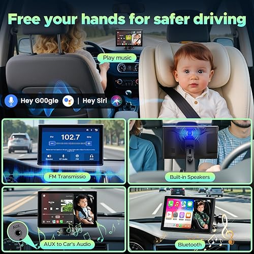 Miniatura 6 de LAMTTO Monitor de coche para bebé con pantalla dividida de 7 pulgadas, CarPlay inalámbrico y Android Auto, cámara trasera HD para bebé con visión