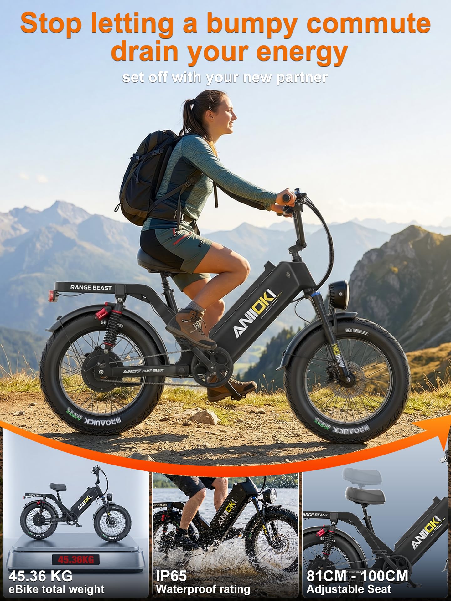 AQ177 Pro Max Bicicletta Elettrica per Adulti, Autonomia Oltre 300 KM, Velocità 25 KM/H, Bici Elettrica con Pneumatici Grassi 20"