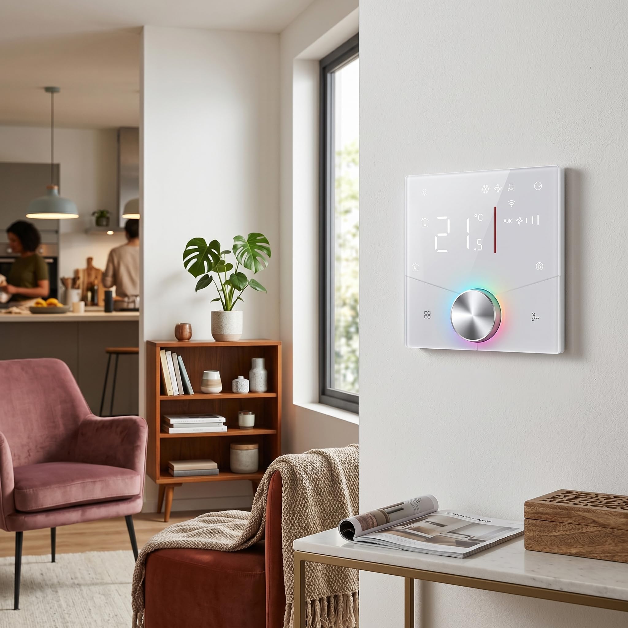 Termostato WiFi Intelligente per Condizionatore, Programmabile 5+2 Giorni 6 Periodi, Controllo App Temperatura, Pannello Sottile LED per Climatizzatore Centrale, Compatibile Impianto 4 Tubi