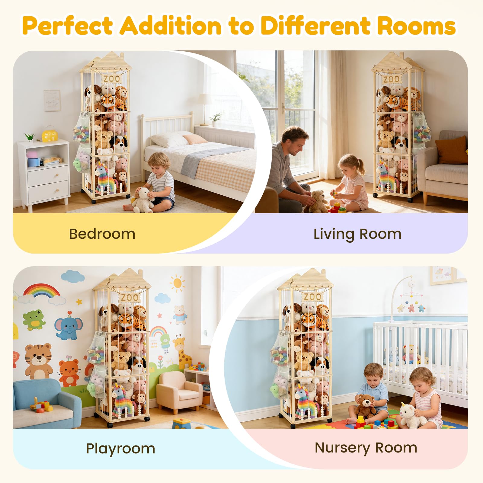 Contenitore per Peluche, 147x46x46CM Organizer per Peluchecon Ruote Girevoli a 360°, Porta Peluche per Cameretta dei Bambini, Soggiorno, Camera da Letto, Mobili per la Cameretta dei Bambini (Strisce)