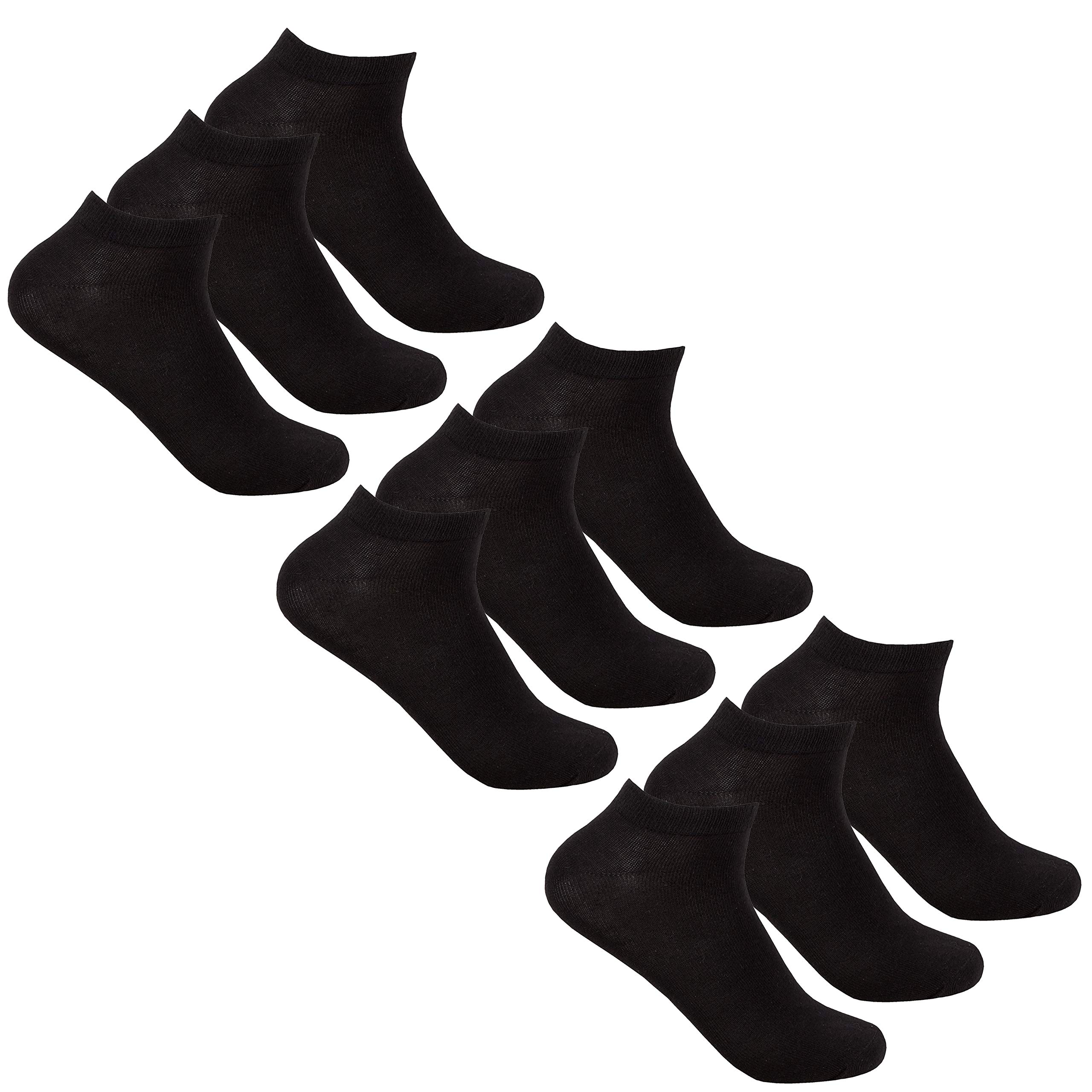 Top Sox Women's Black 9 Pairs Trainer Liner Socks Plain Ankle Gym Everyday Cotton Rich 4-8