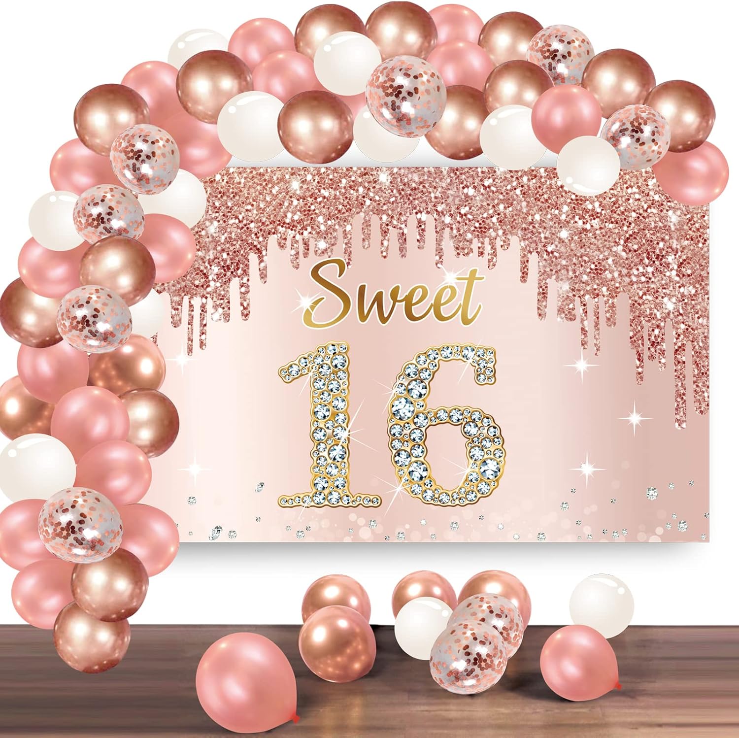 Rose Gold Sweet 16th Birthday Banner Backdrop with Confetti