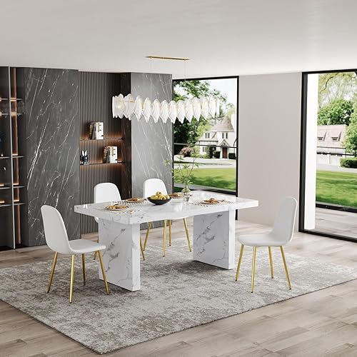 Miniatura 16 de Juego de mesa de comedor moderno para 6, juego de mesa de comedor blanco de 63 pulgadas para 6, tablero de mesa de cocina MDF con patrón de mármol y