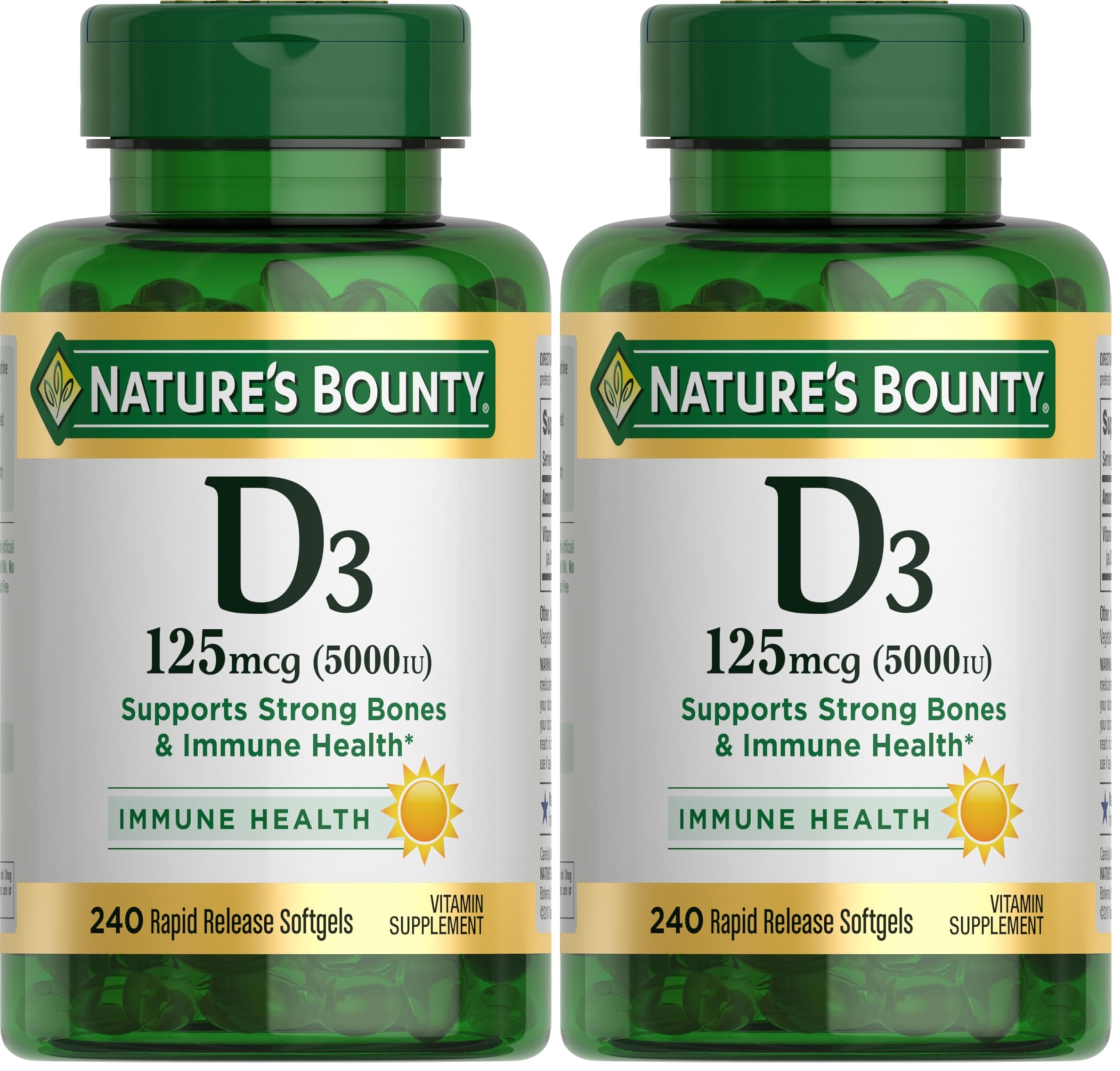 Nature's Bounty Vitamin D3 5000 IU Softgels, Rapid Release, Immune Support, Vitamin D Supplements, 240 Ct (Pack of 2)