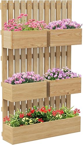 Outsunny Jardinera elevada de 5 cajas con enrejado para flores de vid y plantas trepadoras, juego de macetas de madera montadas en la pared de 39