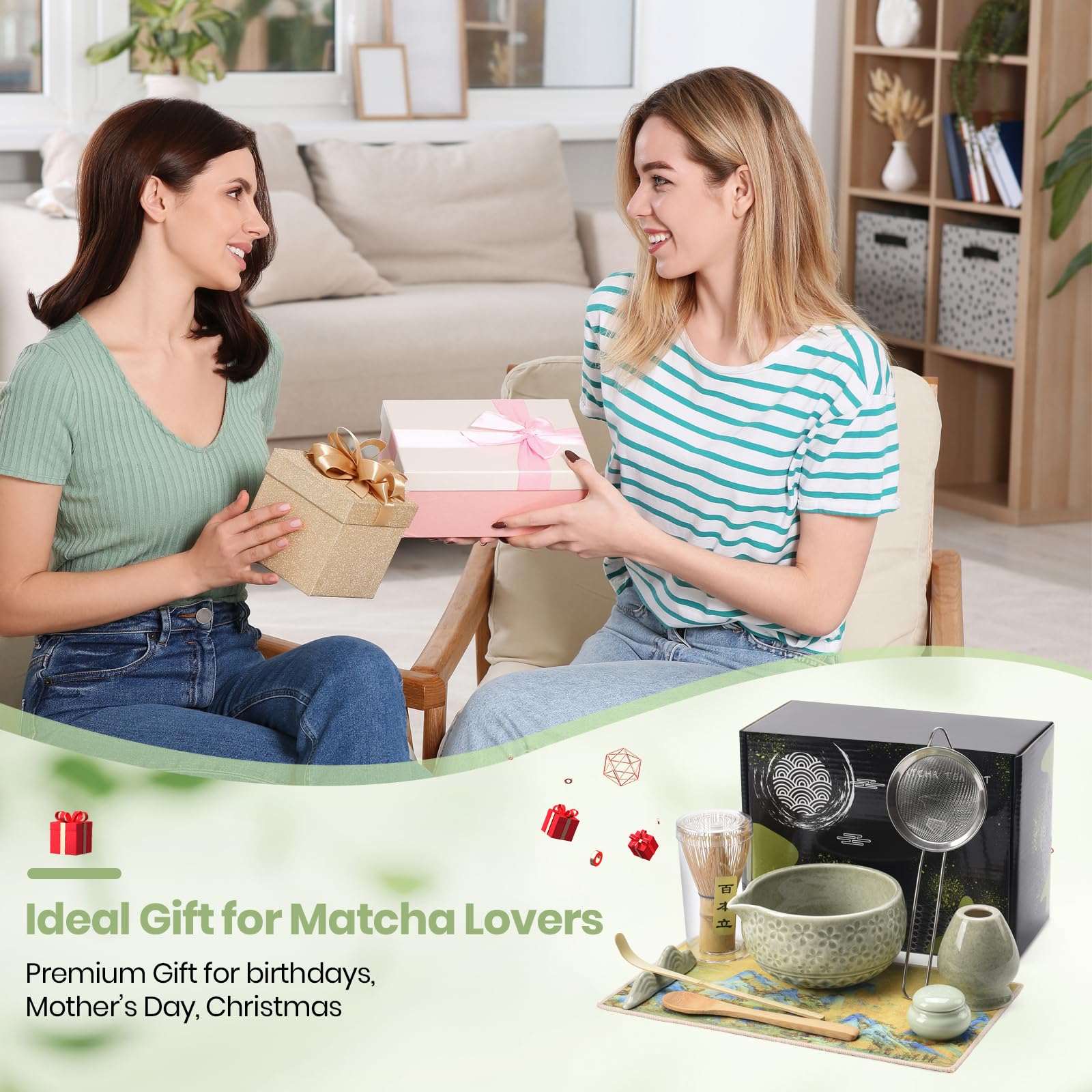 Matcha Kit | Set de Regalo de Ceremonia del Té Matcha 9 Piezas | Cuenco 560ml, Batidor, Cuchara de Bambú, Soporte, Posavasos, Frasco y Colador | Ideal para Principiantes y Entusiastas (Verde)