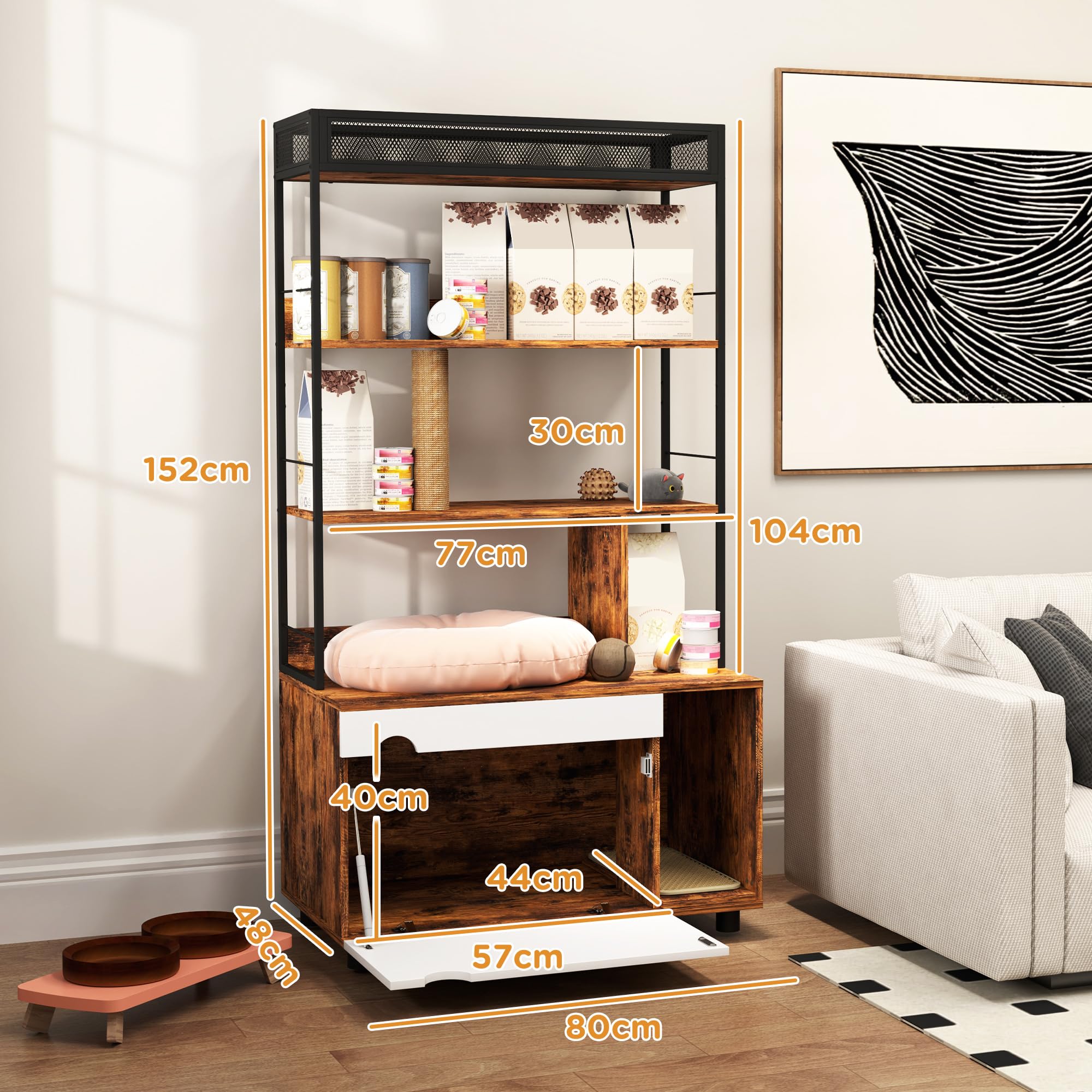 PawHut Katzenklo-Schrank, Katzenschrank, 2 in 1 Versteckter Katzentoilette mit 3-Ebenen-Regal, Kratzpfosten, Klapptür, Katzenhaus für Katze unter 6 kg, 80 x 48 x 152 cm, Rustikal-Braun