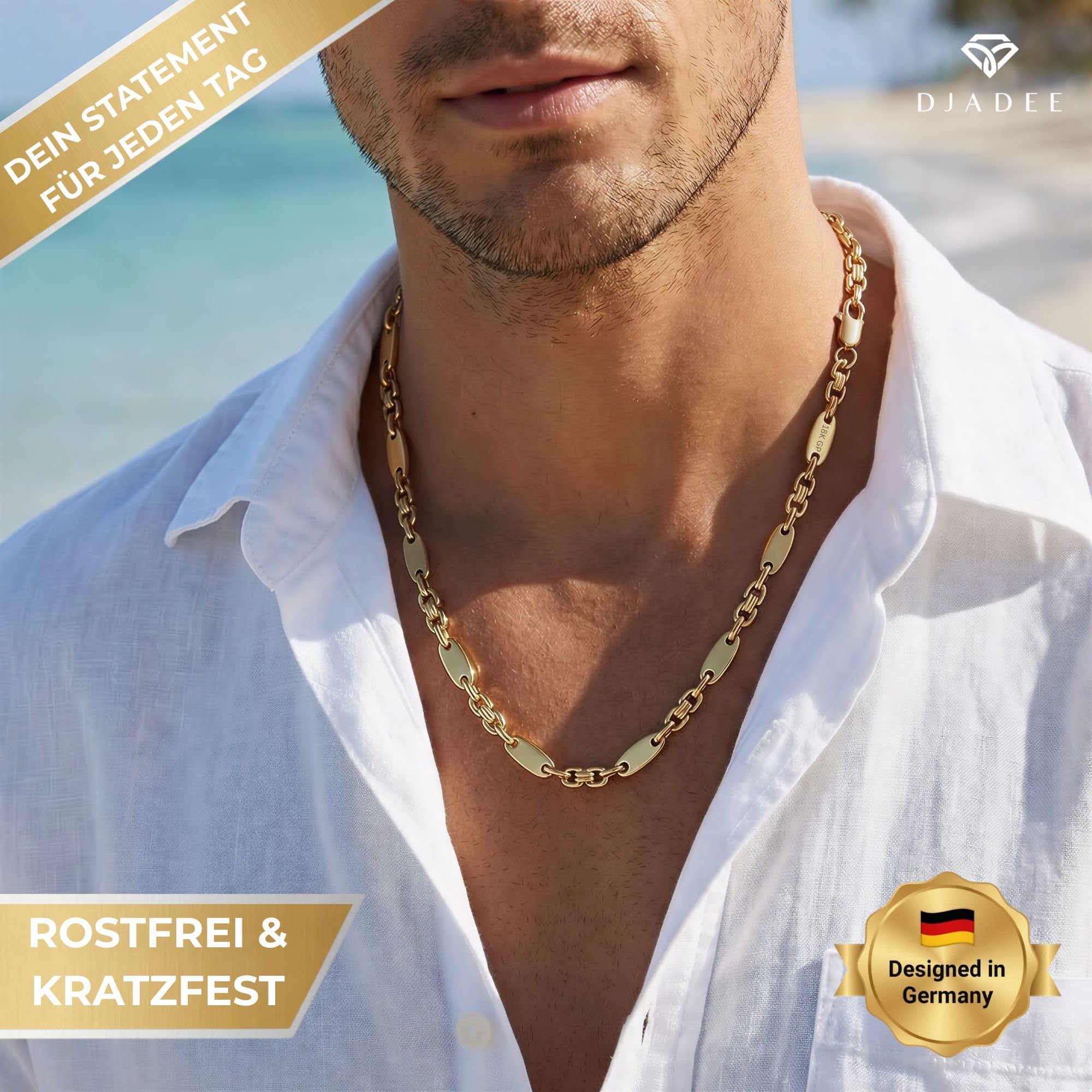 DJADEE Herren Kette Gold 750 vergoldet Premium Edelstahl 316L Plattenkette 5/8/10/12 mm Wasserfest Hypoallergen Hochglanzpoliert Geschenk für Männer Halskette Steigbügelkette 18 Karat gestempelt