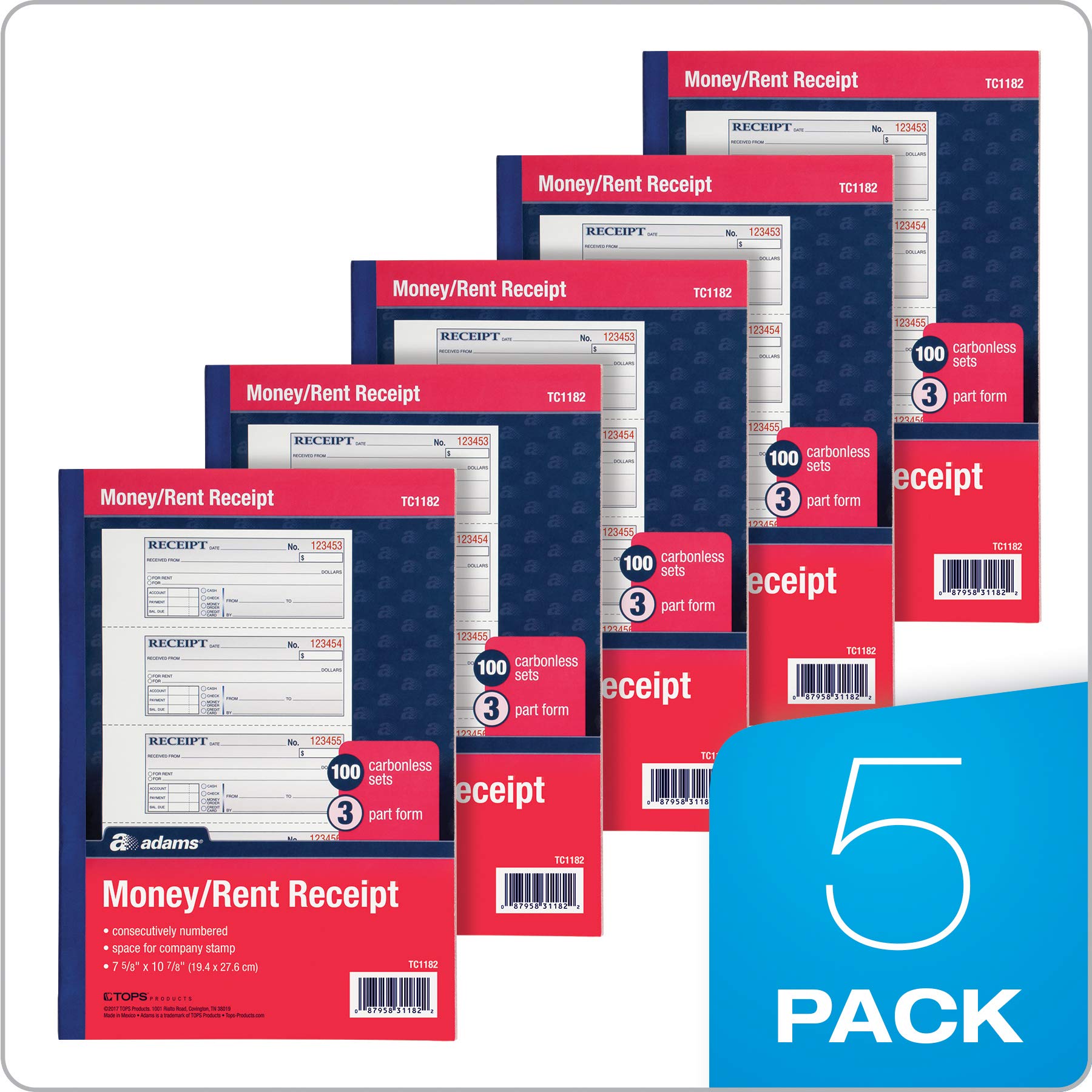 Adams Quittungsbücher für Geld und Miete, 3-teilig, kohlenstofffrei, 20,3 x 20,3 cm, gebundener Umschlag, 100 Sets pro Buch, 4 Quittungen pro Seite, 5 Bücher pro Packung (TC1182-5)