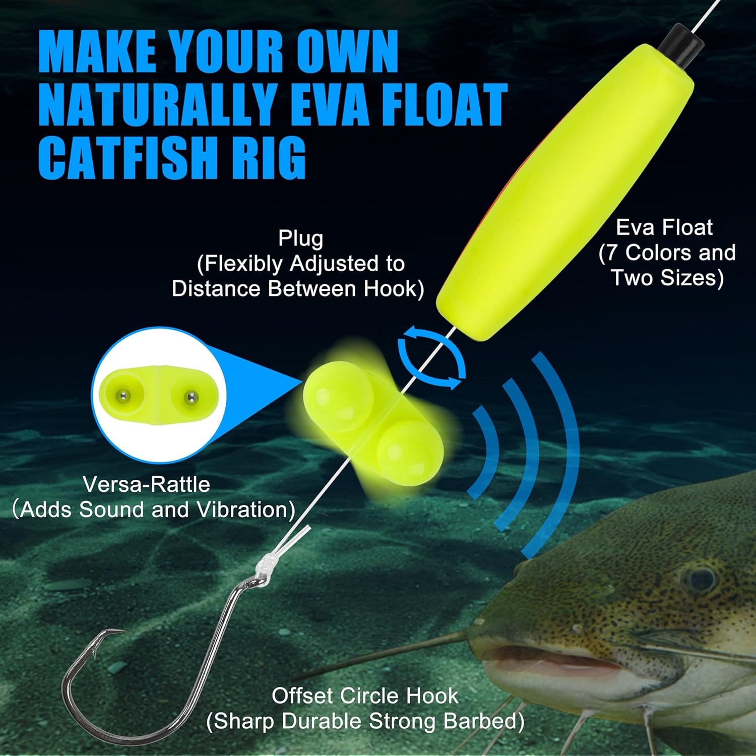 FUSIGO Catfish Rigs Catfishing Tackle Making Kit, 91pcs Santee Cooper Rig with Catfish Floats Rattling Line Peg Floats Pyramid Sinker Catfish Rattle Catfishing Rig Equipment