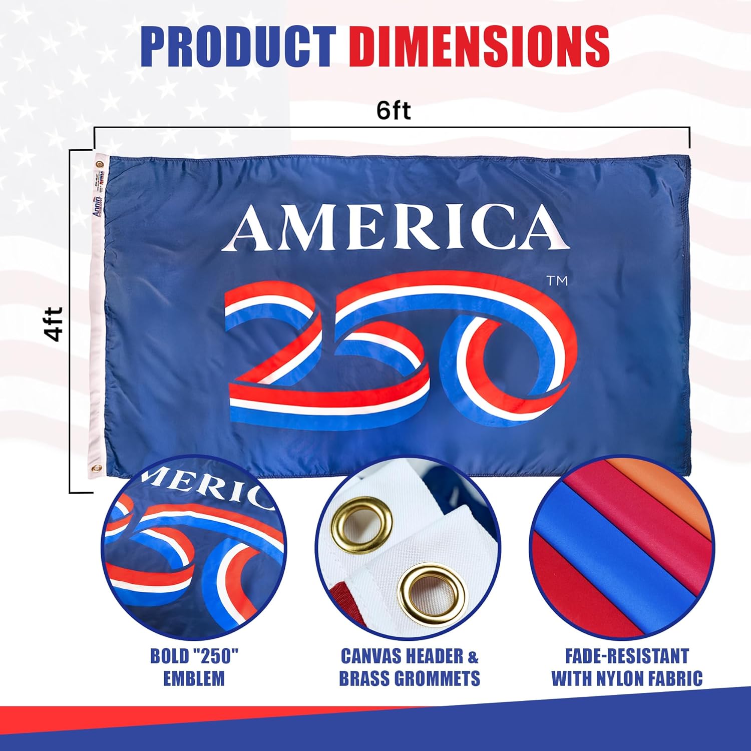 USA 250th Anniversary Flag 4ftx 6ft | USA-Made Nyl-Glo Nylon Outdoor Flag | Durable Canvas Header and Brass Grommets | UV Resistant Colors | Special Edition 250 Celebration Flag
