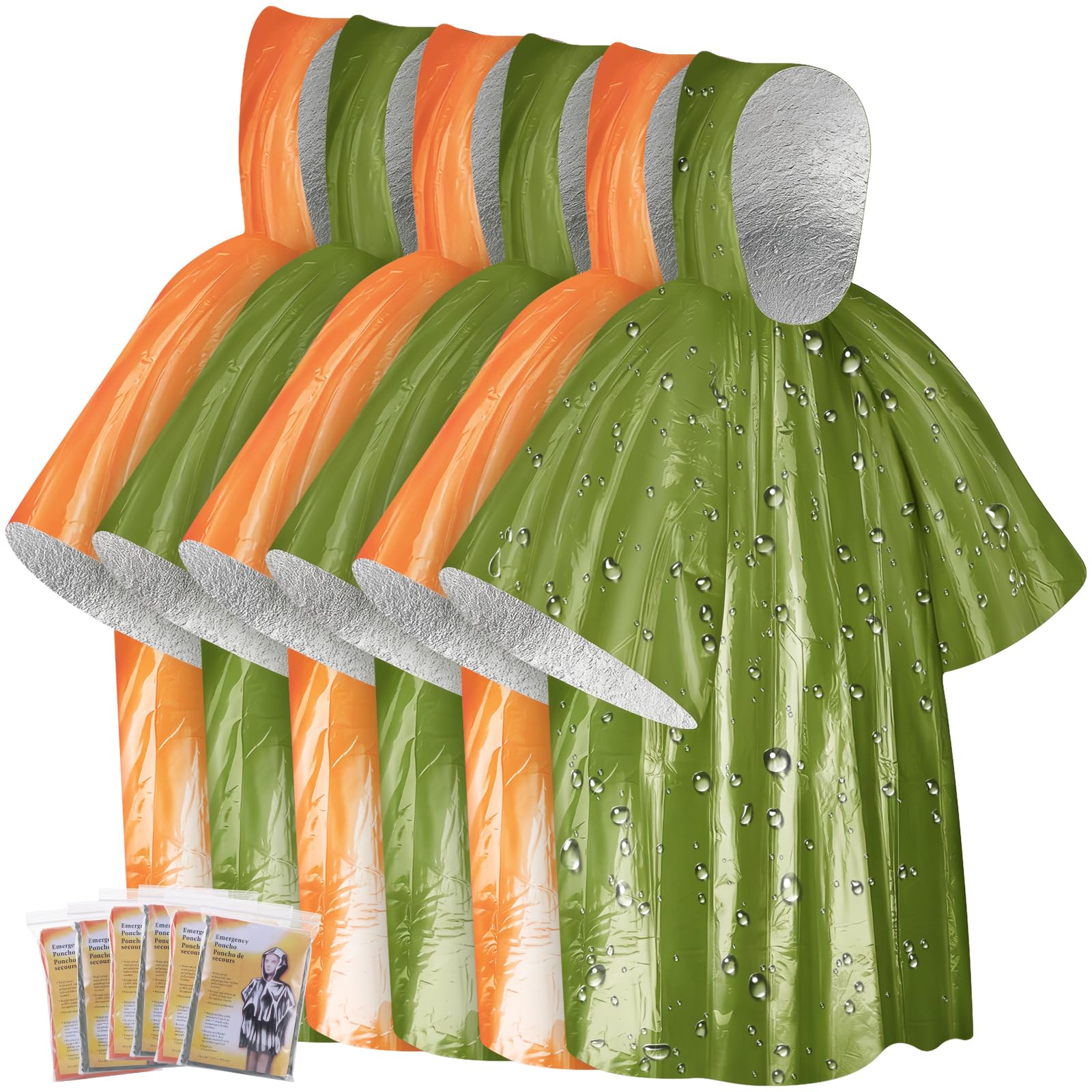 MICHIHOMIE 6pcs Emergency Survival Poncho, Thermal Mylar Foil Coating Blanket for Heat Retention and Rain, Reversible with Hood, Windproof, Portable for Outdoor Use