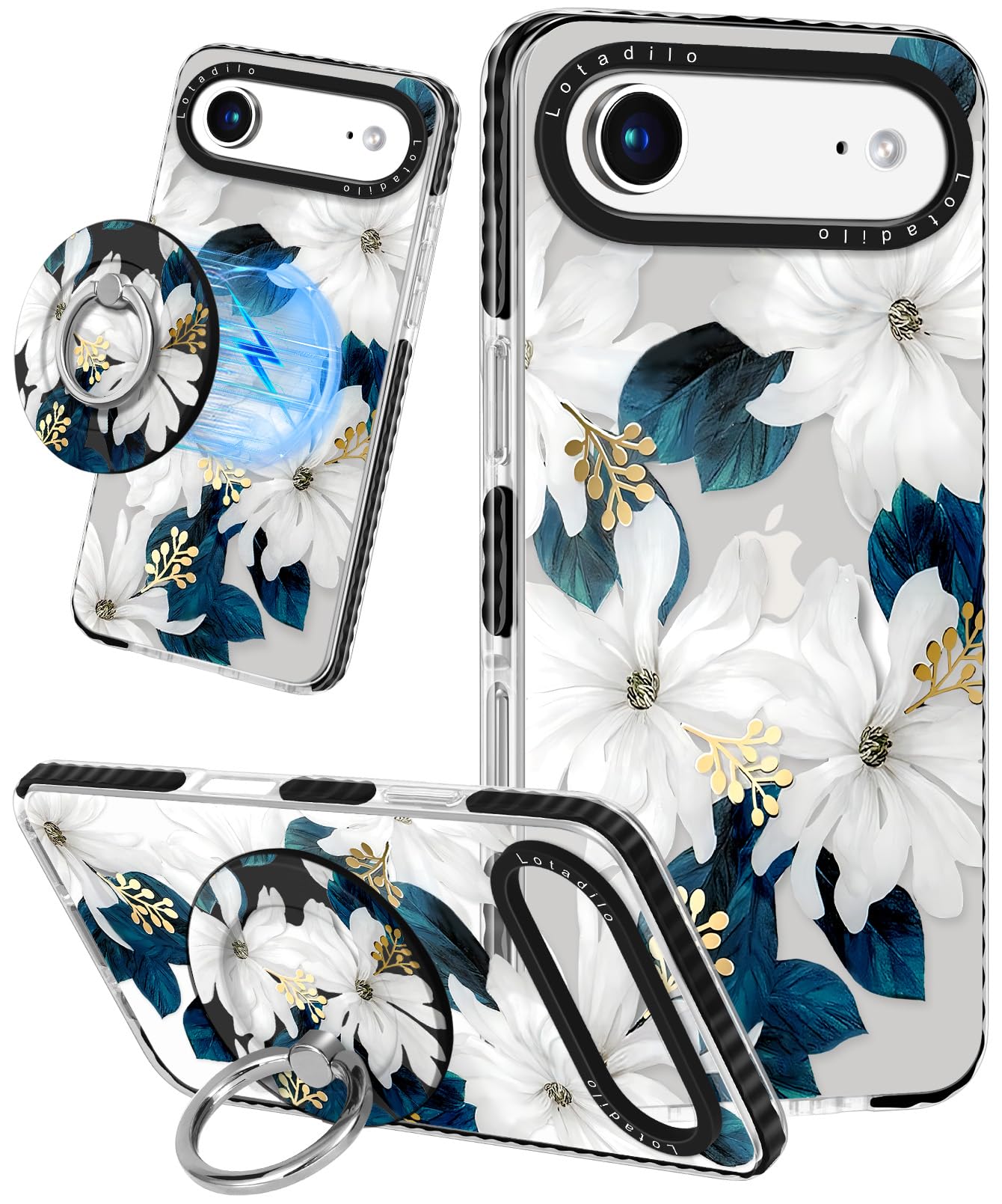 Photo 1 of Lotadilo Case for iPhone 17 Air Case Compatible with Magsafe Ring Holder Stand - for Women Blue Flower Design TPU Phone Cover for Girls Girly Funny Fashion