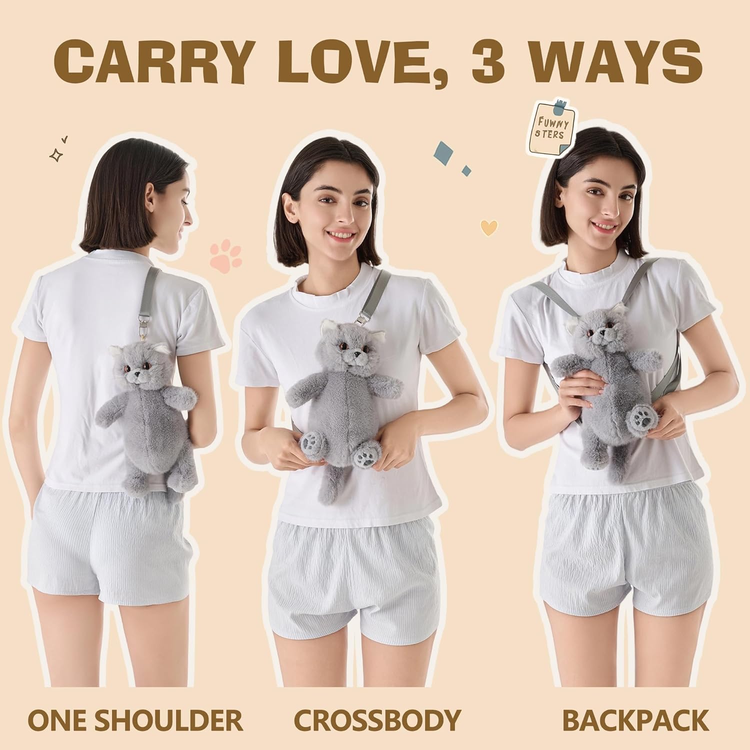 Krifey Stuffed Animals Backpack, Cute Cat plush Backpack, Realistic Animal Handcrafted Daypack with Adjustable Straps, Birthday Gifts for Women, Smokey Cat