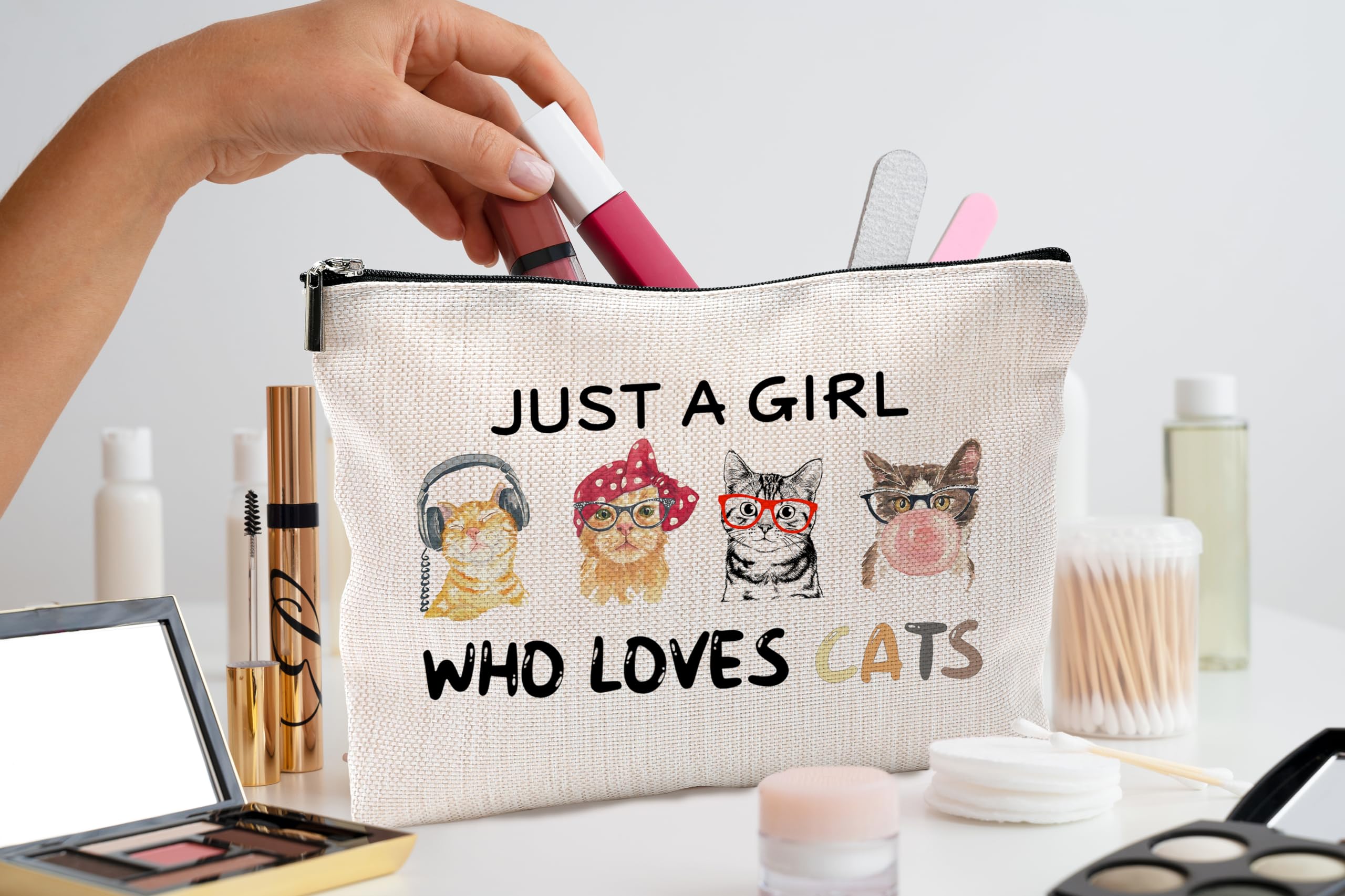 QGFM Cat Cosmetic Bag - Just A Girl Who Loves Cats, Funny Cat Gift With Zipper