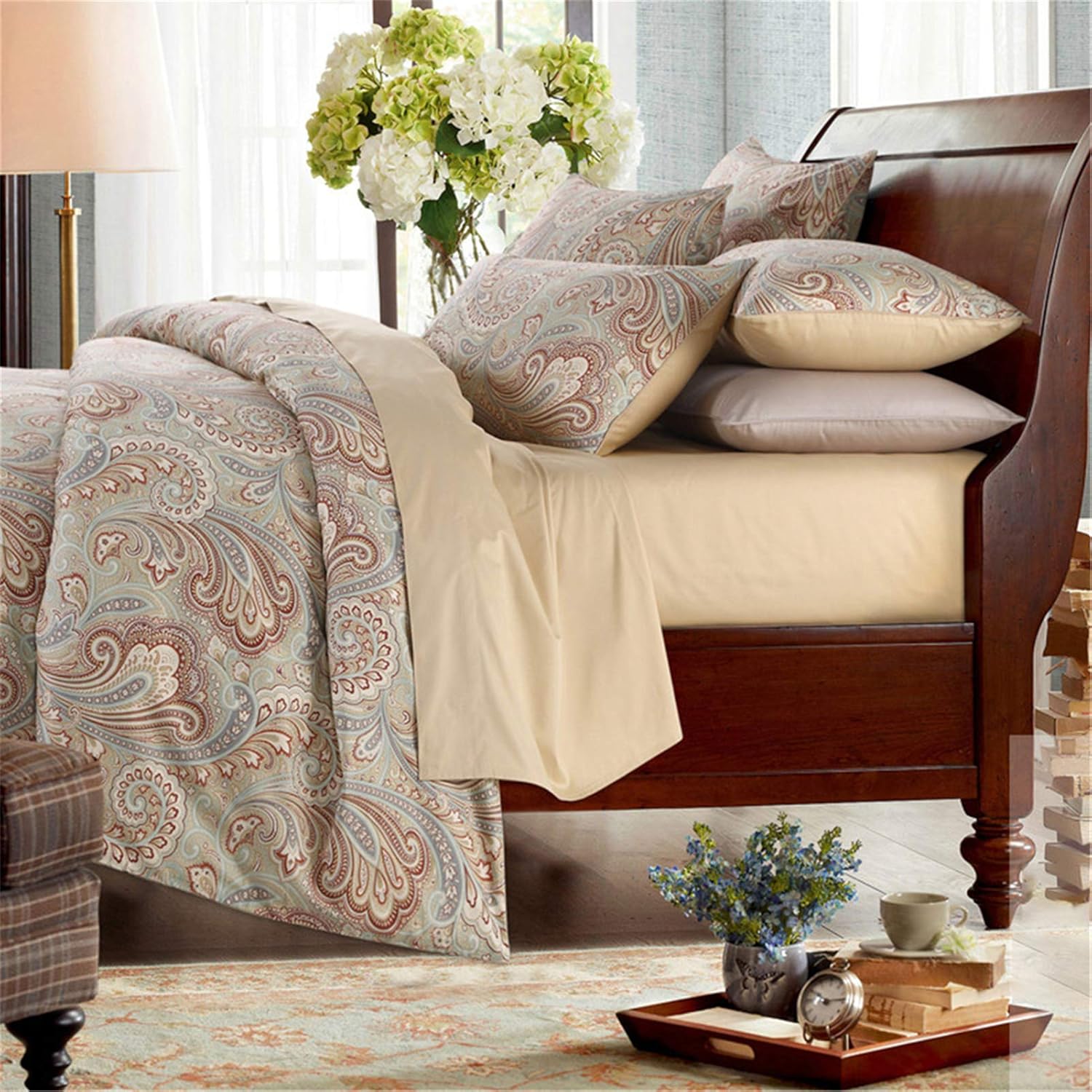 ABREEZE Duvet Cover Set King Size Gold Boho Paisley Bedding Set 1 Duvet Cover with 2 Pillowcases Luxury Quality Soft Breathable 1000TC Egyptian Cotton Bedding with Button Closure Super,3pcs