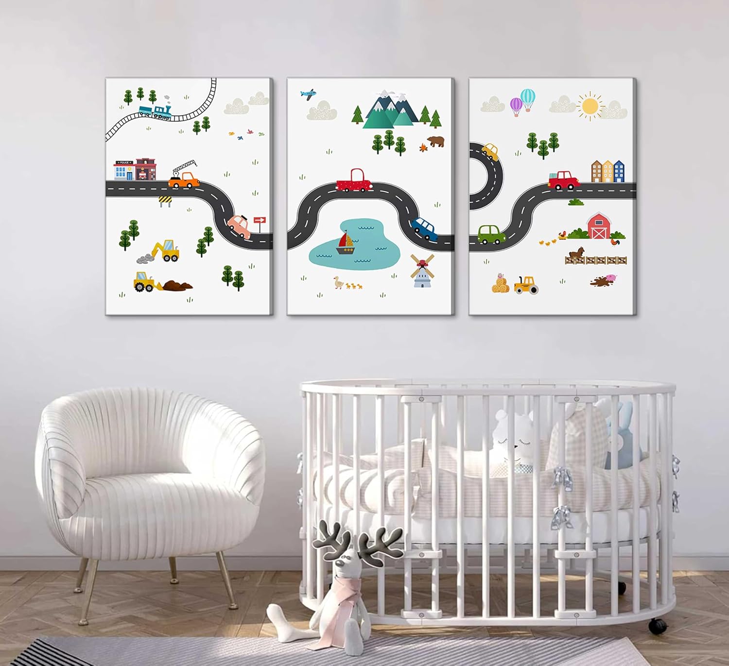 3Pcs Car Nursery Canvas Wall Art Boy Cartoon Truck Urban Transport Painting Picture Wall Decor Poster Print Artwork for Kids Room Baby Room Boys Bedroom Home Decoration