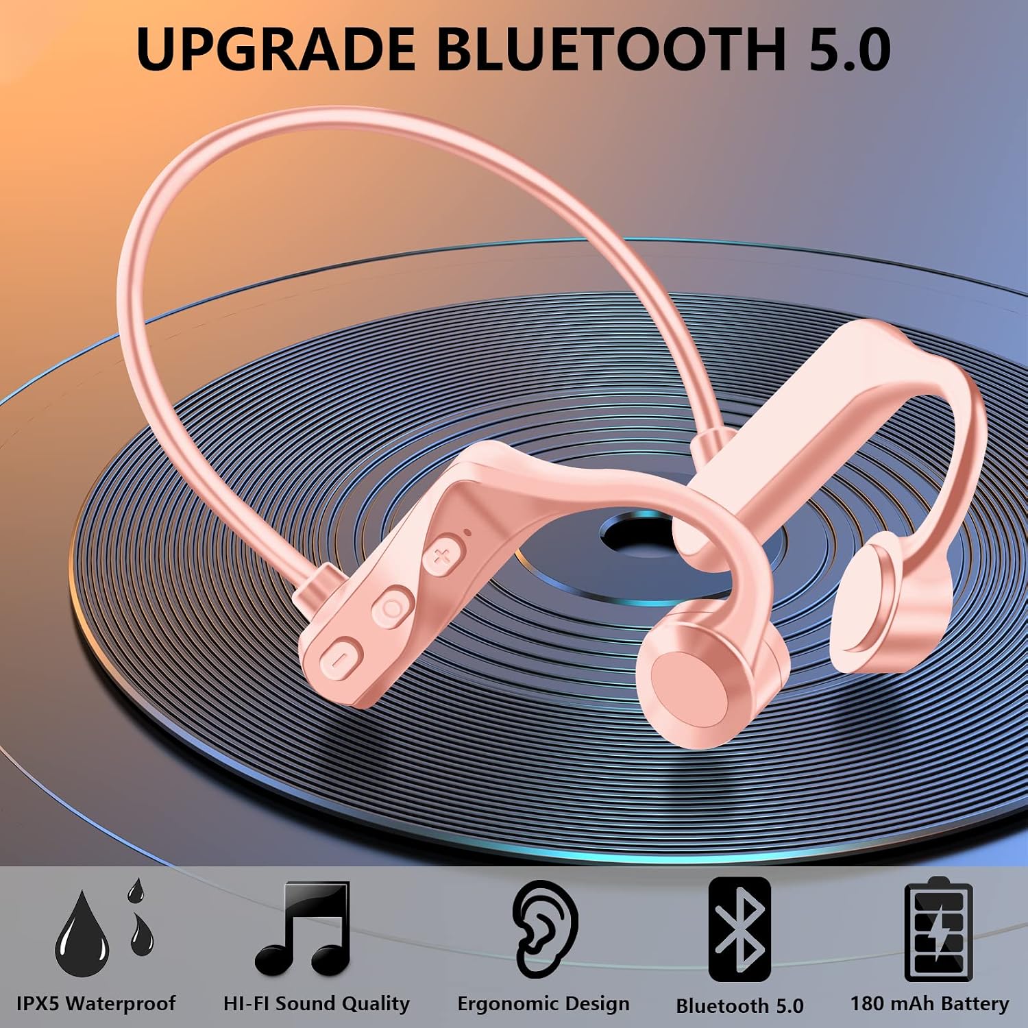 VOFUOE Bone Conduction Bluetooth Headphones, Wireless Open-Ear Headphones with Microphone, Sports Headset IPX5 Sweatproof Earphones for Outdoor, Running, Cycling, Driving, Hiking, Gym-Pink