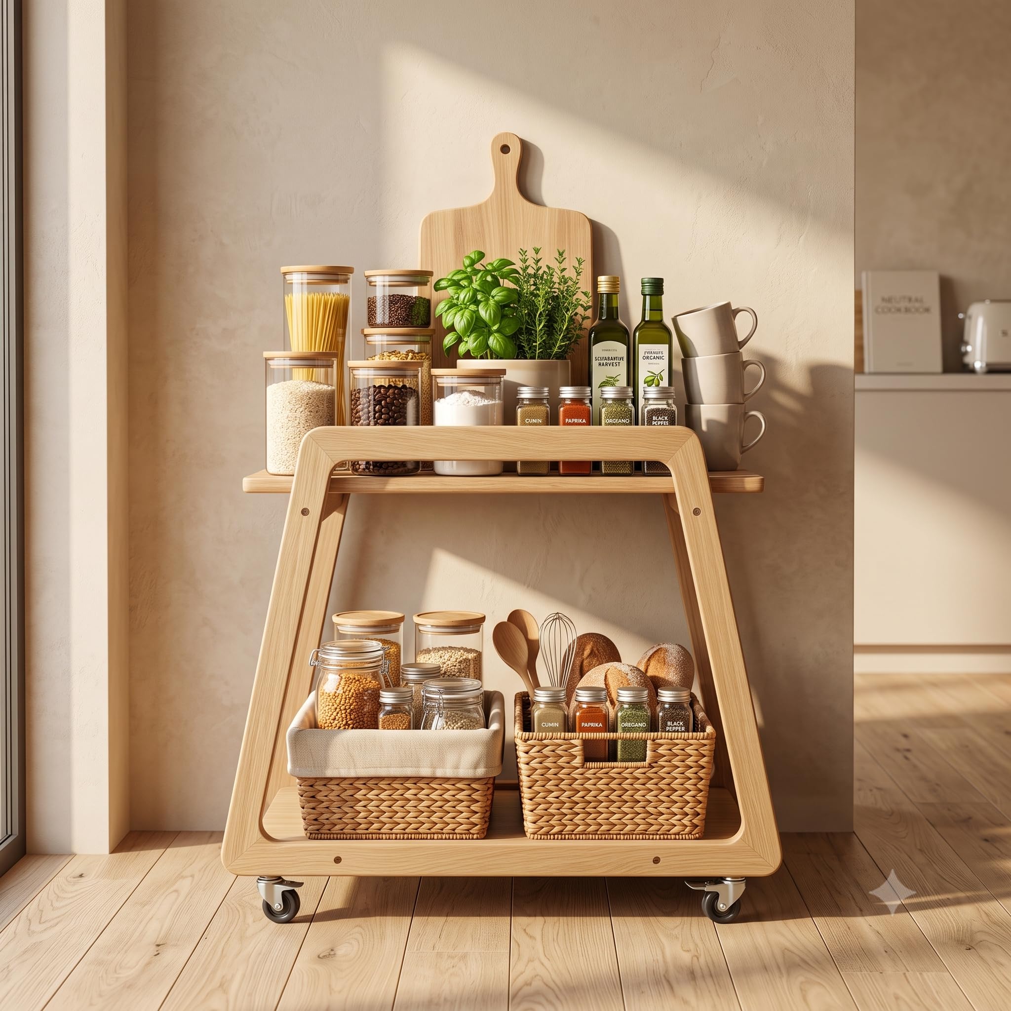 Multipurpose Wood Trolley Storage Organiser and Kitchen Supplies Fruits, Vegetables, Onions, Cutlery, and a Trapezoid-Shaped Kitchen Storage Rack with 2 Layers Narural Color-image-14