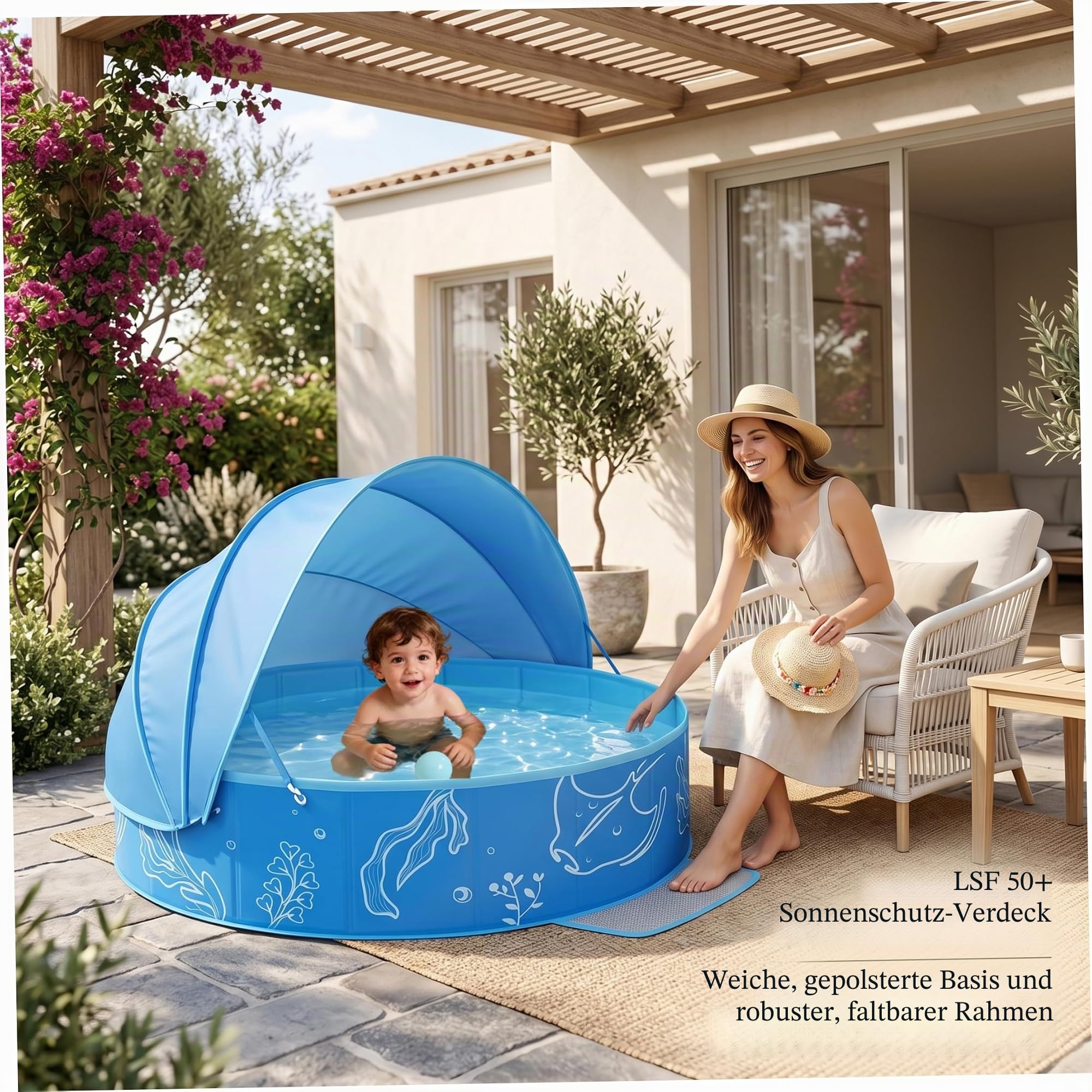 Kinderpool für 4-8-Jährige, faltbar, mit UPF 50+ belüftetem Sonnendach, tragbar, für Kleinkinder von 1-3 Jahren, ideal für Garten und Strand