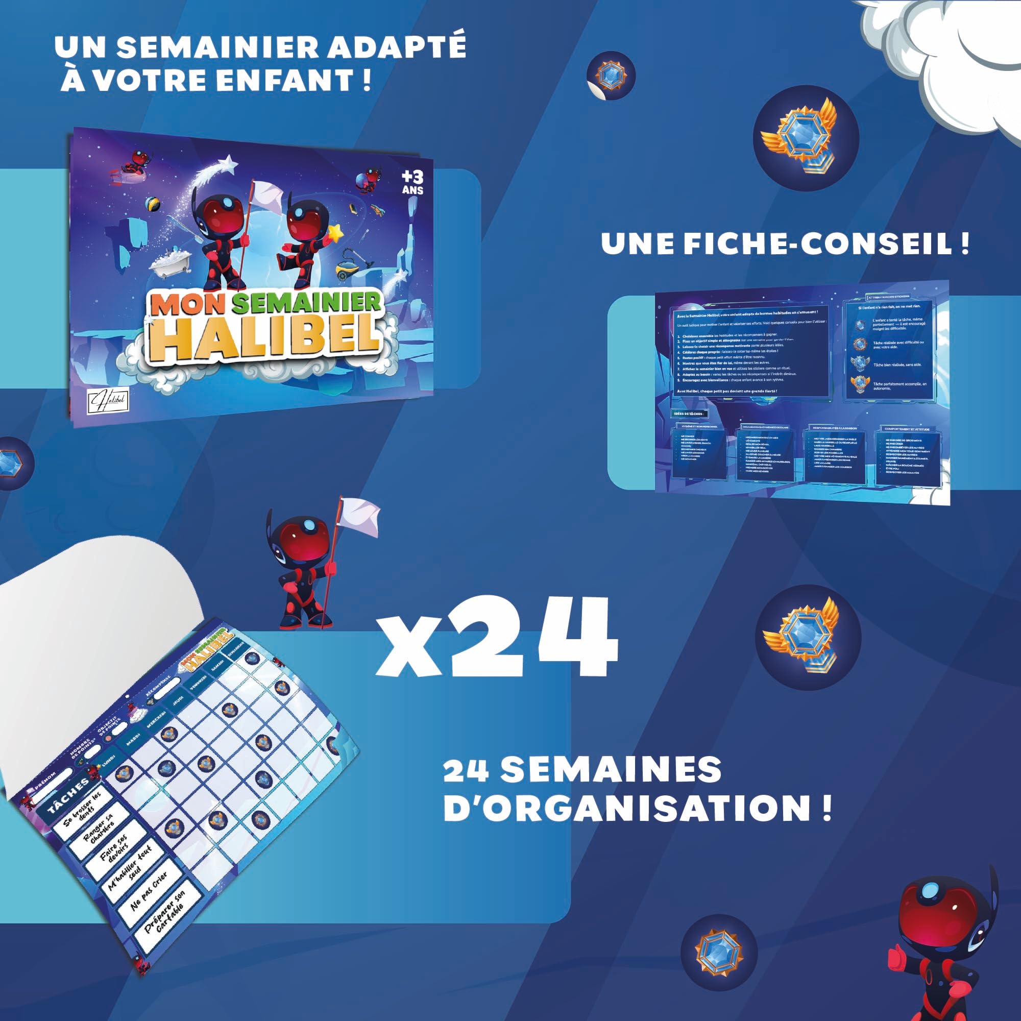 Tableau de Récompenses pour Enfants – Aide l’Enfant dans Son comportement et sa Routine – Tâches Personnalisable + de 1000 Stickers – Semainier pour 6 Mois (24 Pages)