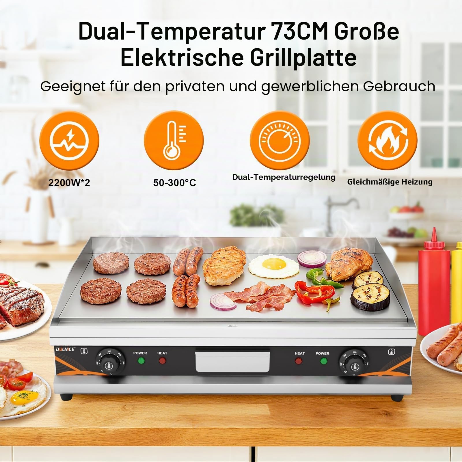Kommerzielle Grillplatte Elektrisch 73x47cm,4400W Edelstahl Elektrische Grillplatte Gastro Doppelte Temperaturkontrolle (50-300°C),Elektrogrill für Küche, Balkon, Garten