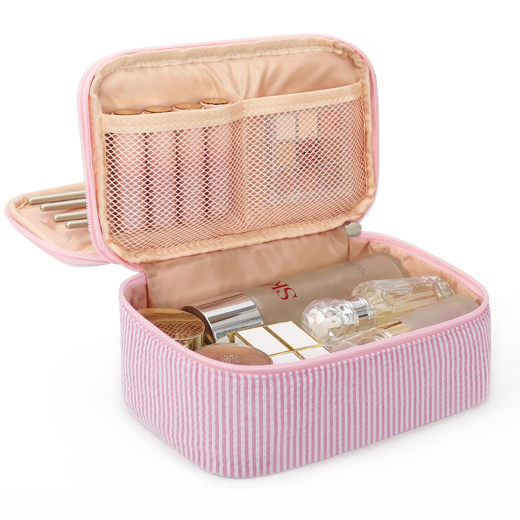 Relavel Cute Makeup Bag for Girls, Portable Pink Cosmetic Bag, Dual-layer Makeup Pouch with Brush Holder, Multi-Functional Preppy Toiletry Organizer