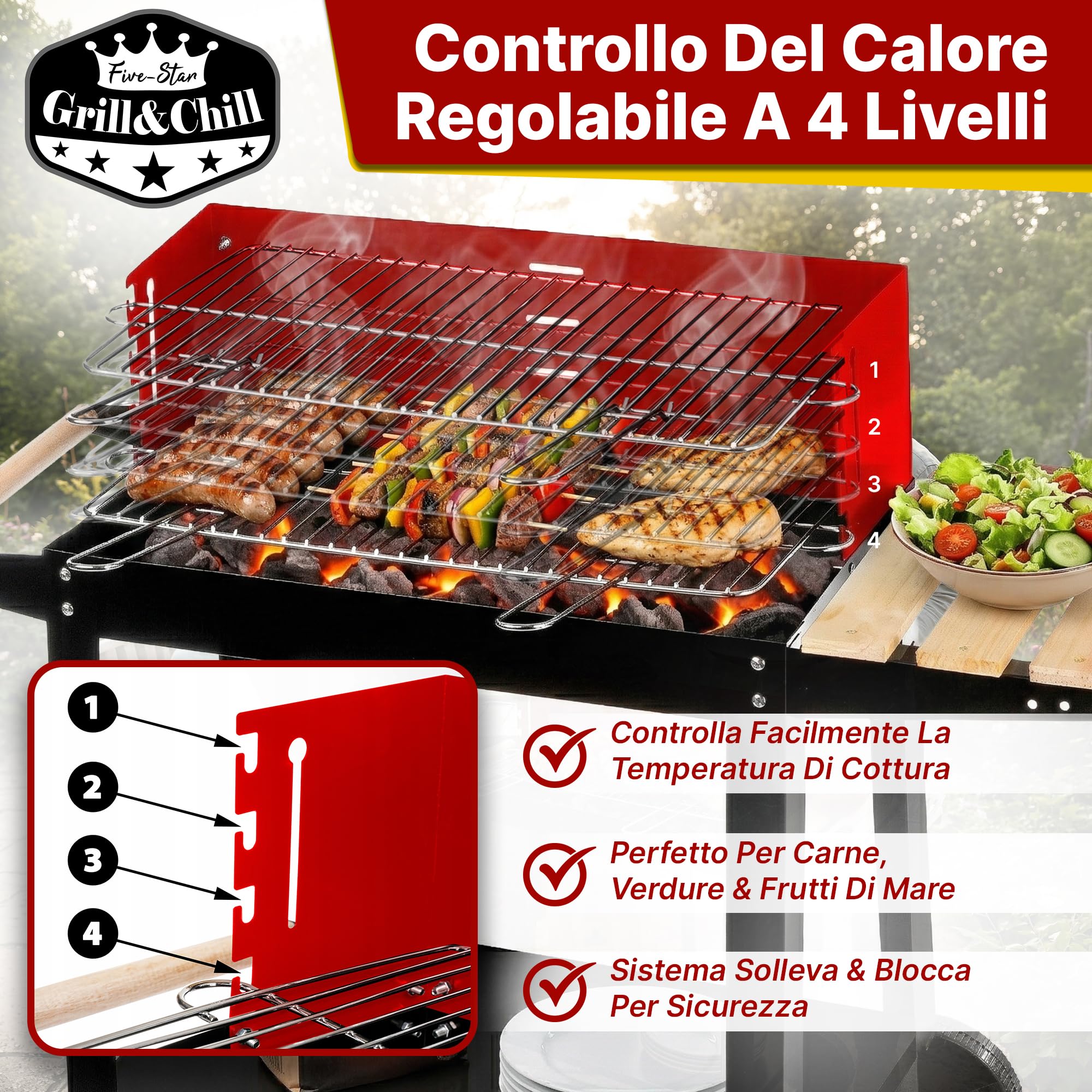 Five-Star Grill&Chill Barbecue a Carbone Portatile – Griglia Cromata 50 x 26,5 cm a 4 Altezze – Ruote e Ripiano in Legno – Acciaio smaltato da esterno – GC0010