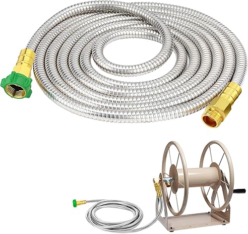 Miniatura 1 de Manguera de jardín con conector macho a hembra, manguera líder de metal a prueba de fugas de 15 pies para carrete de manguera, manguera flexible de
