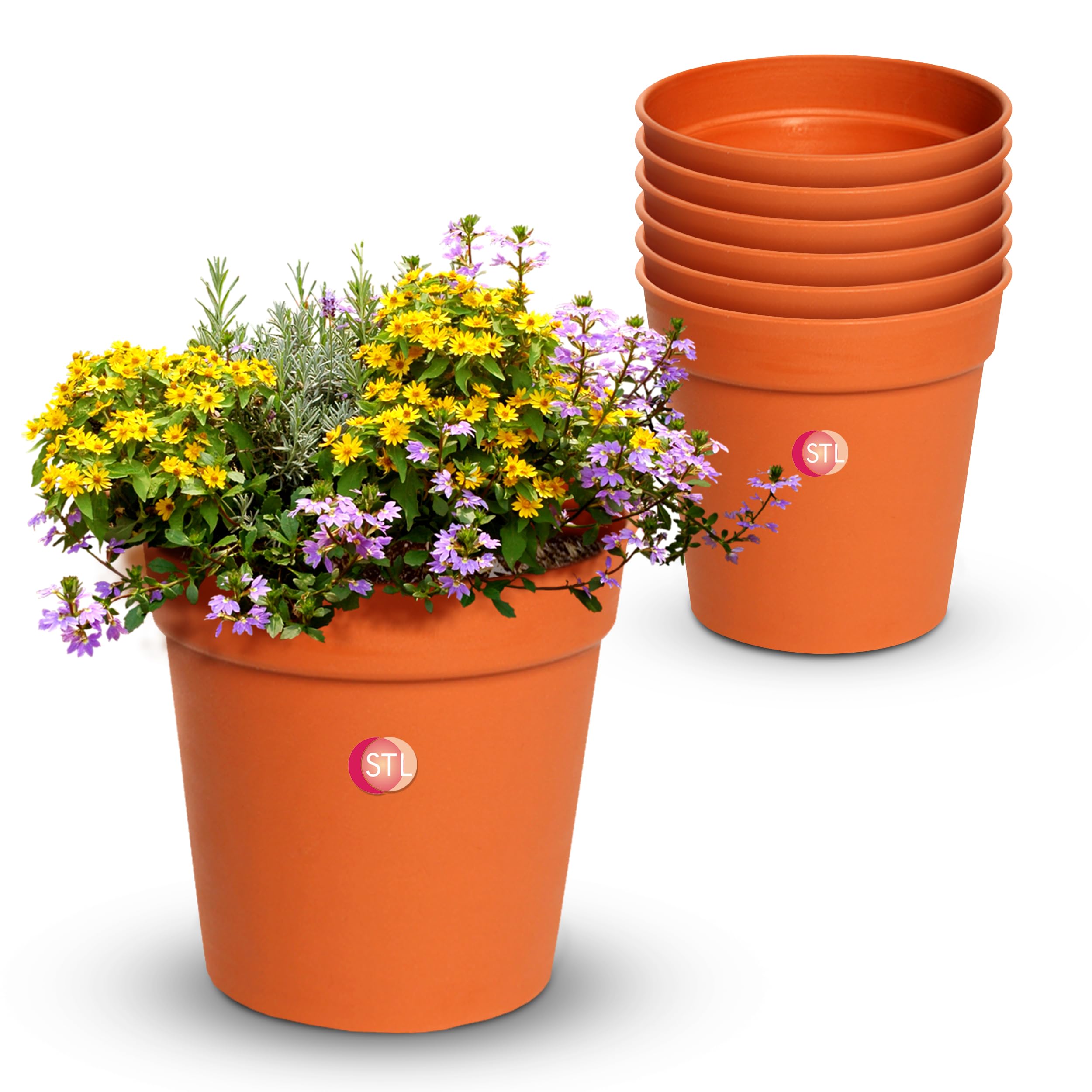 STL 14.2CM Terracotta Plant Pots 6Pcs, Round Plastic Plant Pots, Large Terracotta Pots with Drainage Holes, Small Flower Pots for Succulent Cactus Plants, Flowers, Plants, Indoor/Outdoor Use