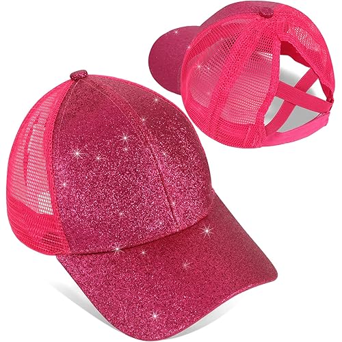 Girls Glitter Baseball Cap Criss Cross Hat, Girl High Ponytail Hat - Kids Trucker Hat with High Bun Messy Ponytail(Ages5-15)