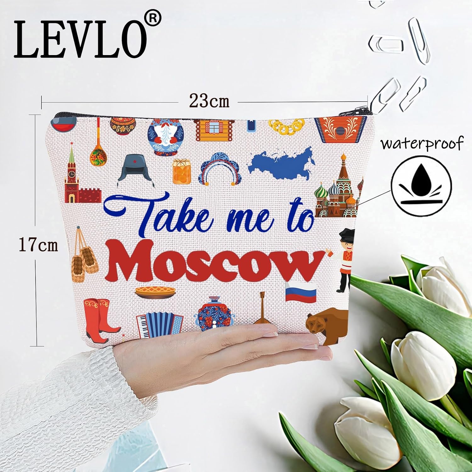 LEVLO Moscow Russia Culture Travel Cosmetic Bag Moscow Souvenir Gift Take Me To Moscow Makeup Zipper Pouch Bag For Traveler (Take Me To Moscow) image 2