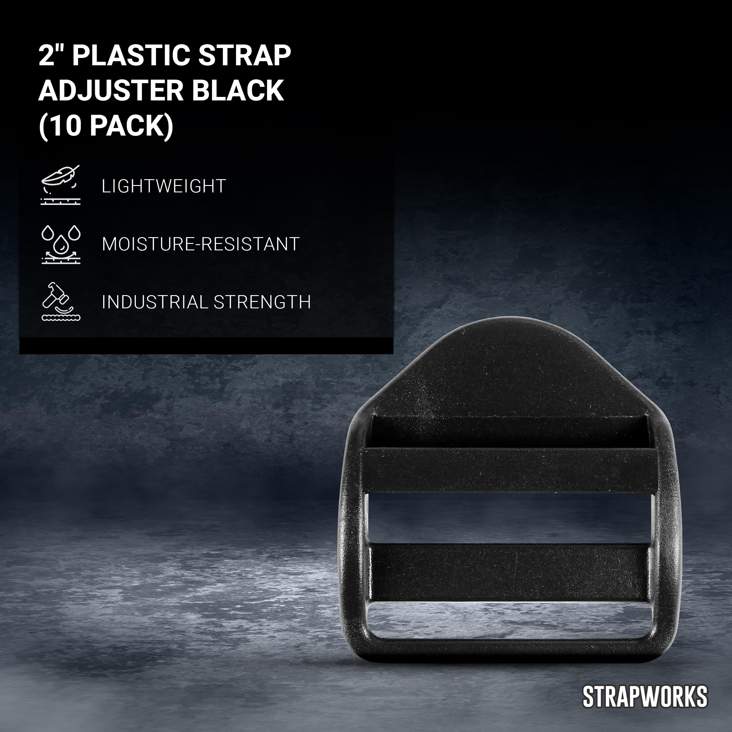 Strapworks 5,1 cm Kunststoff-Gurtversteller-Schnallen – schwarze Schieberverschluss-Schnalle, ideal für Rucksack und Allzweckgurte – 10 Stück