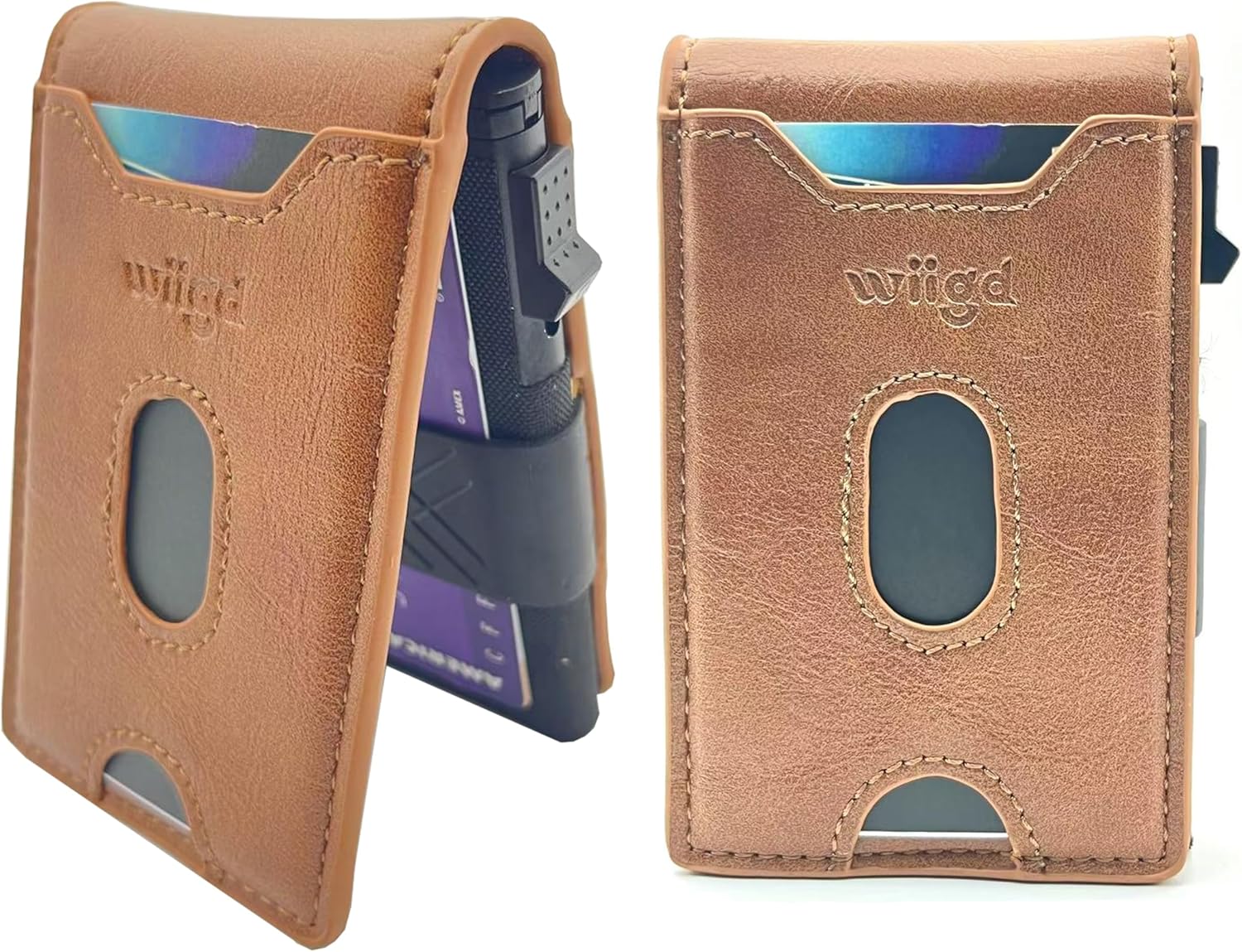 Men's Slim Bifold Wallet with Pop-Up Card Holder – RFID Blocking, Minimalist Aluminum Case, ID Window, Coin Pocket,Front Pocket Wallet with Gift Box(Brown)