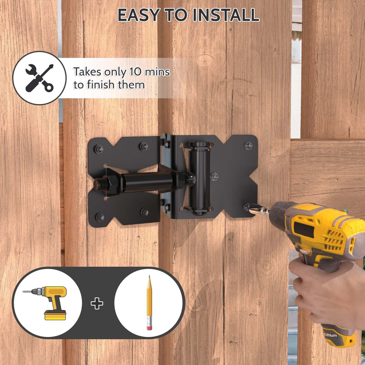 Carbon Steel Self Closing Gate Hinges, Vinyl, Wooden Gate Hinges for Wooden or Vinyl Fence Gate, Spring Loaded - Black