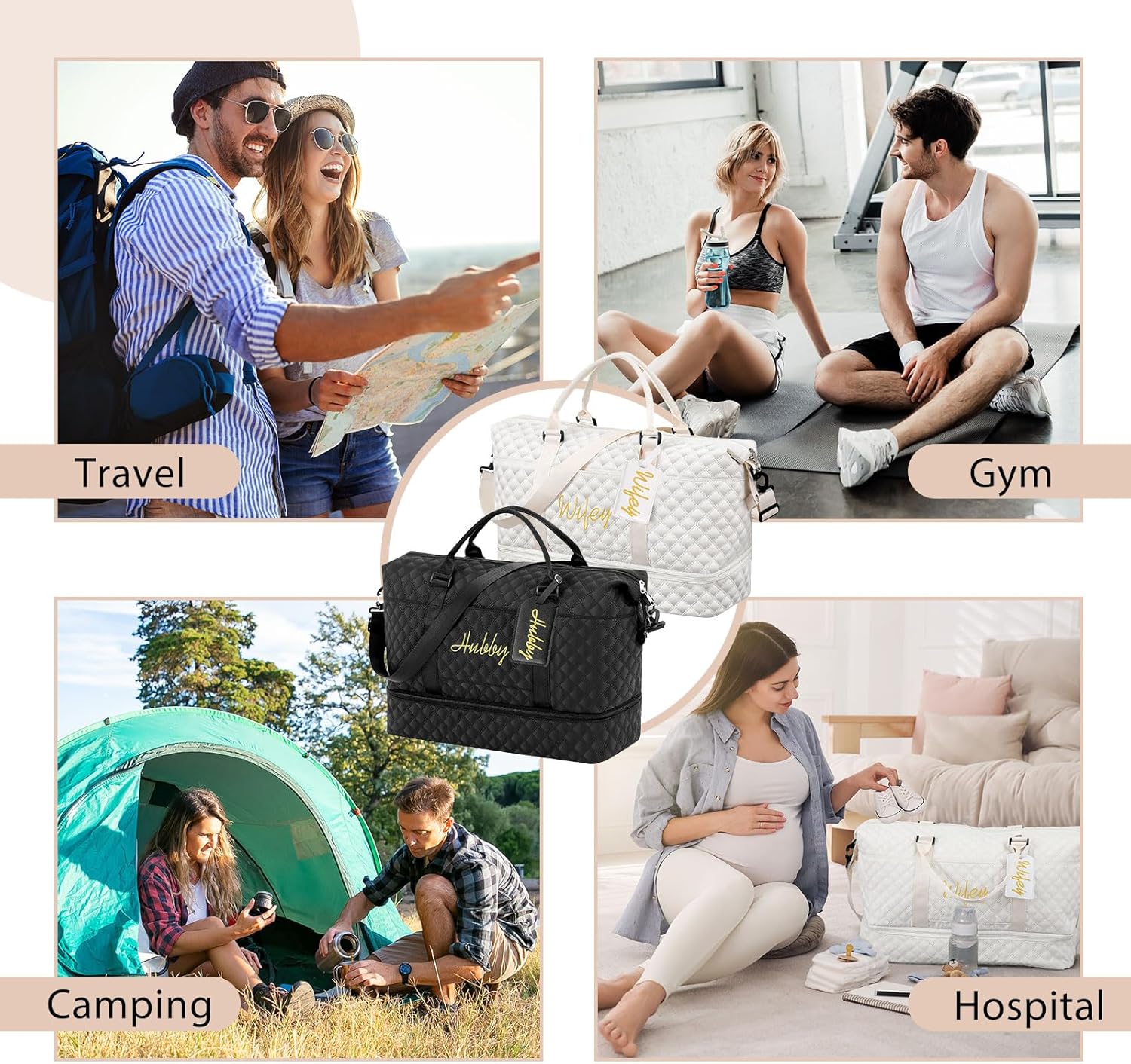 4 Pcs Duffel Bag Set Include 2 Honeymoon Travel Bags with Shoe Compartment and 2 Luggage Tags(Hubby and Wifey,Black,White) - Image 7