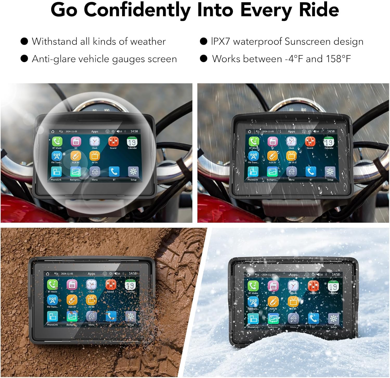 YCV Motorcycle Carplay Screen, Wireless CarPlay & Android Auto for Motorbike, Carplay Motorcycle GPS Navigation, 5" IP67 Waterproof Touchscreen, Dual Bluetooth, EQ, Support Siri and Google Assistant