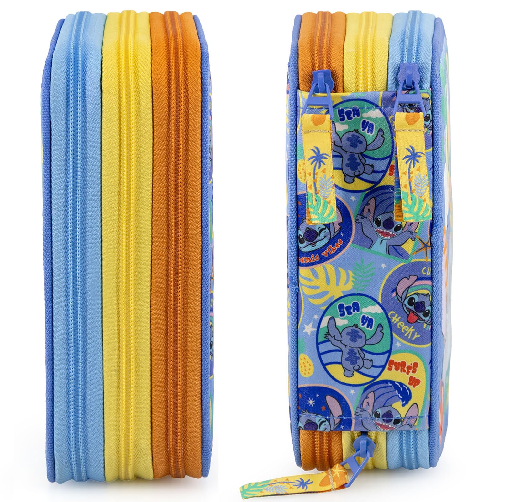 Clondo 3-Fach Federmäppchen – 45-teilig, komplett gefüllt – mit Schere, Kleber, Buntstiften & Filzstiften – Federtasche für Stitch Fan – Blau – Ideal für die Schule & als Geschenk für Mädchen
