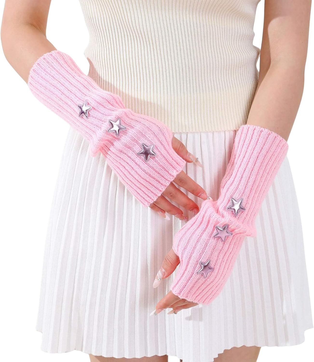 Star Arm Warmers Y2K, Goth Emo Fingerless Gloves Cute, Knitted Harajuku Lolita Arm Warmers for Women