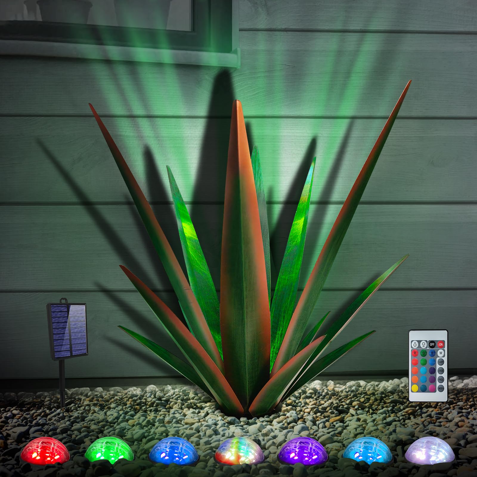 KODIBO Large Tequila Rustic Sculpture, Rustic Metal Agave Plants for Outdoor Patio Yard, Home Decor Hand Painted Metal Agave Garden Yard Statue, Outdoor Lawn Ornaments (Green - L (W/Solar Light)) — image 1