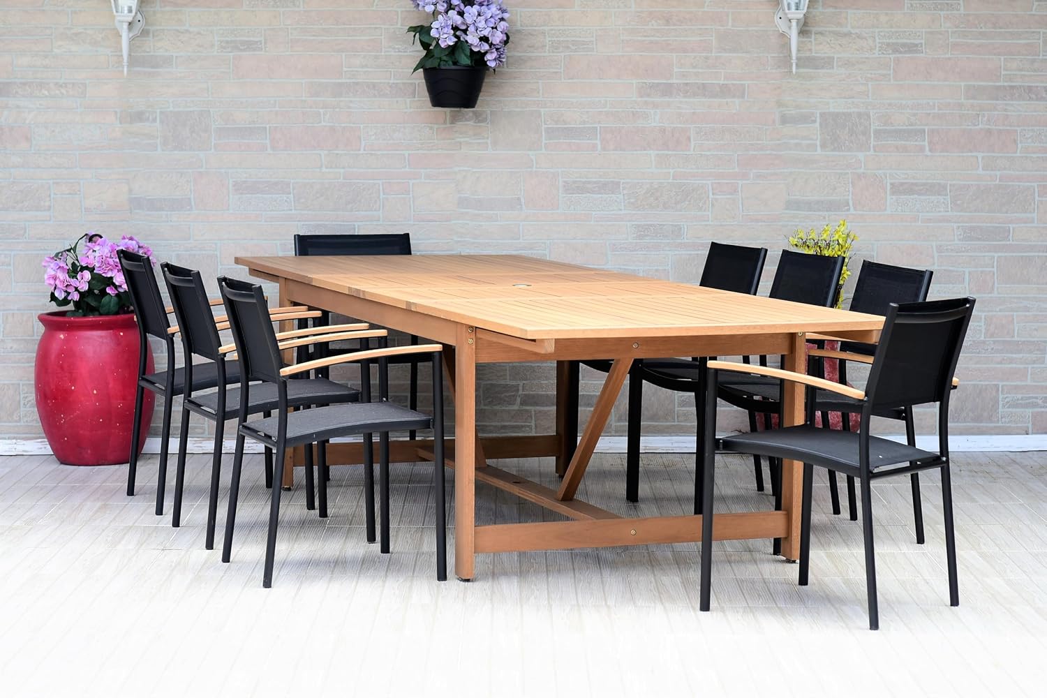 Amazonia Trentino 9 Piece Extendable Patio Dining Set | Teak Finish Table and Sling Black Chairs| Durable, Quick Dry Ideal for Outdoors