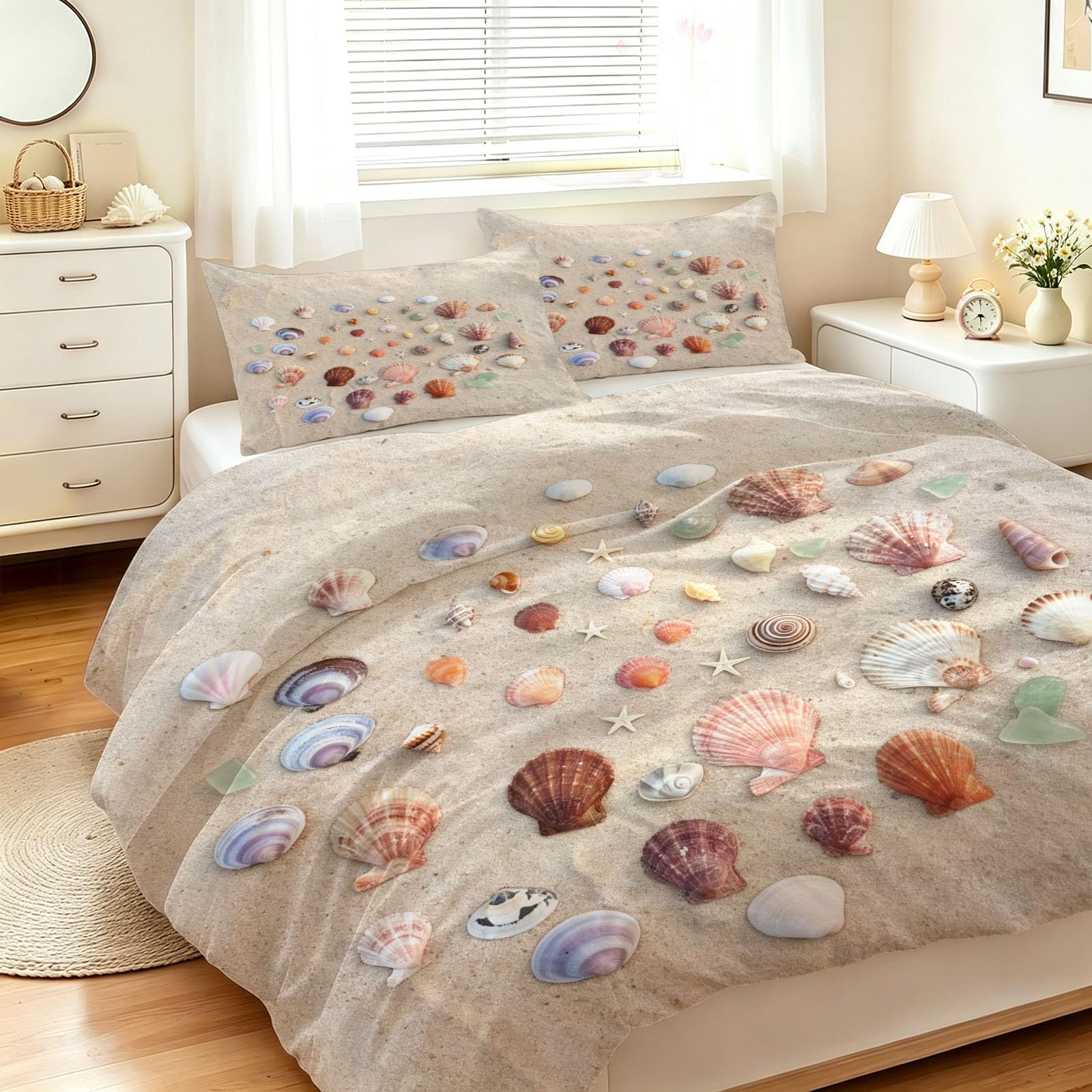 Parure Copripiumino Matrimoniale 220 x 240 cm Conchiglie e Stelle Marine Set Copripiumino Stampato Spiaggia Biancheria da Letto 3 Pezzi con Cerniera in Microfibra Morbida con 2 Federe