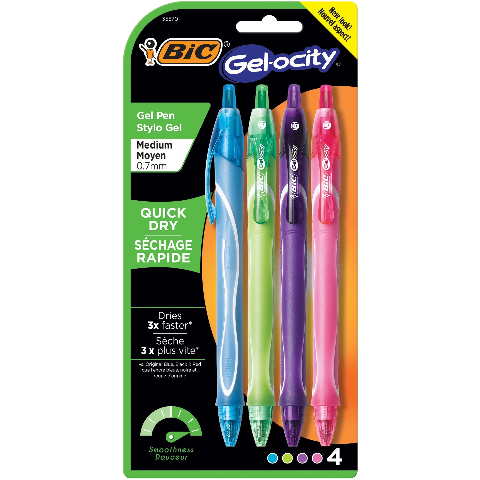 BIC Gel-ocity Quick Dry Fashion Retractable Gel Pens, Medium Point (0.7mm), 4-Count Gel Pen Set, Colored Gel Pens With Full-Length Grip