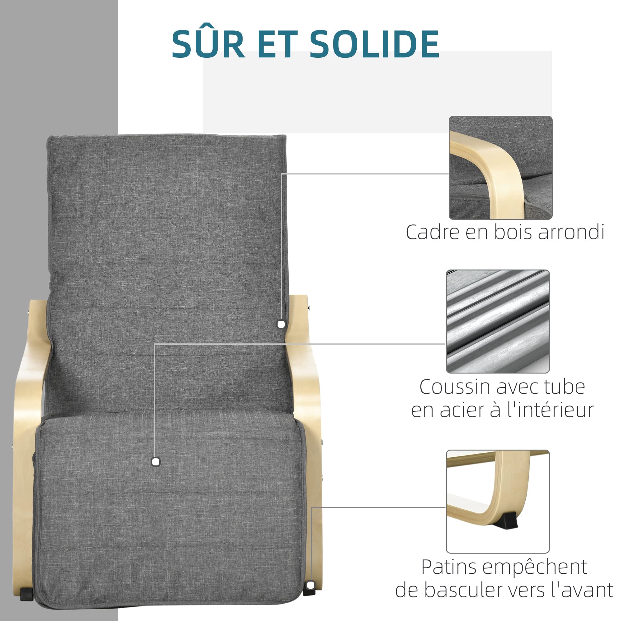 HOMCOM Fauteuil Relax Chaise de Salon avec Repose-Pied réglable déhoussable Confort et Relaxation 94 x 66,5 x 100 cm Bois Massif Gris